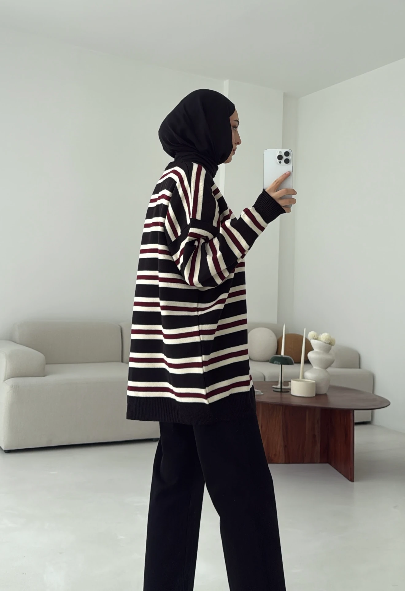 Bisiklet Yaka Çizgili Uzun Triko Kazak Siyah