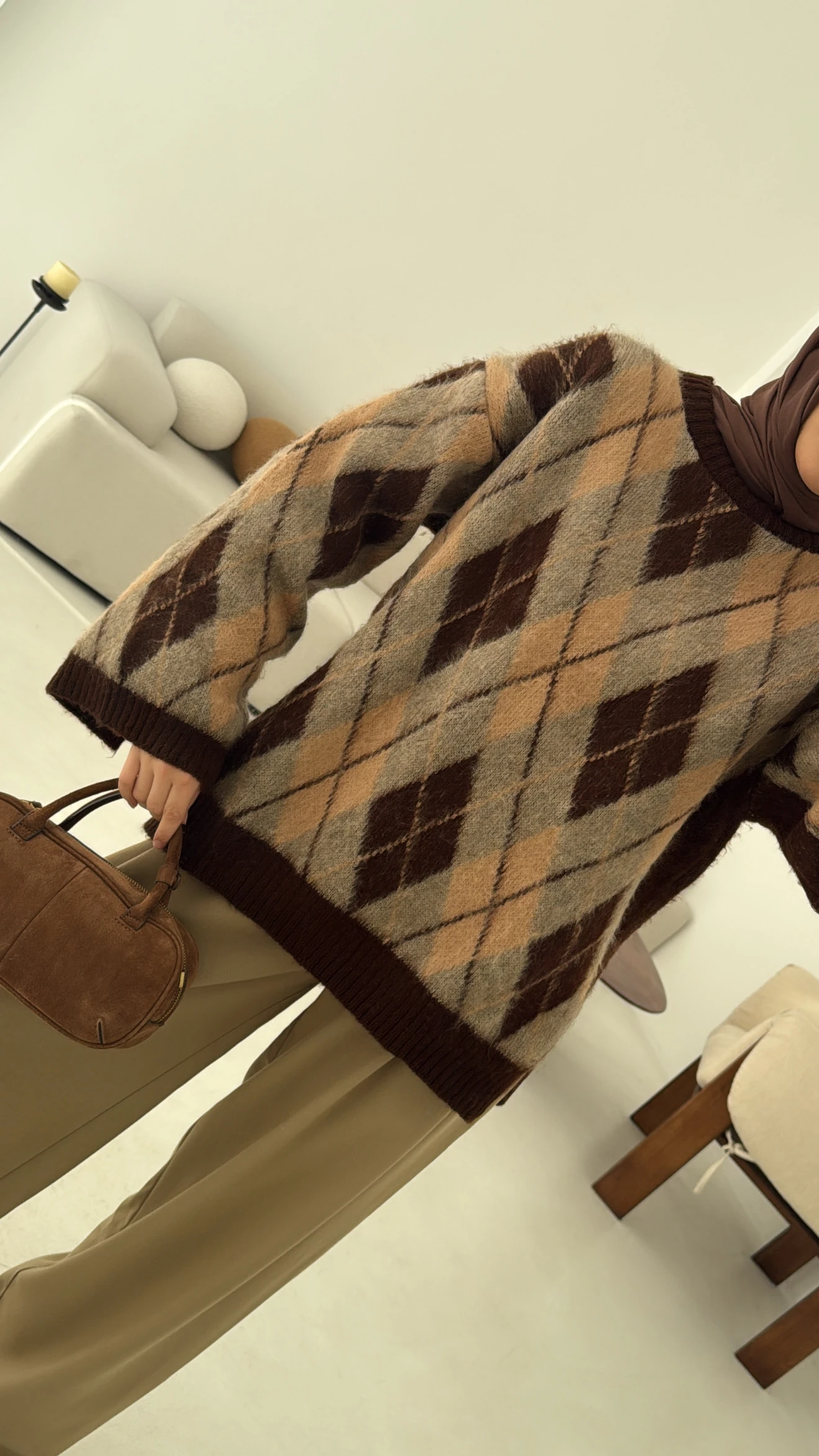 Kolu Yırtmaç Detay Tasarım Kazak Kahve