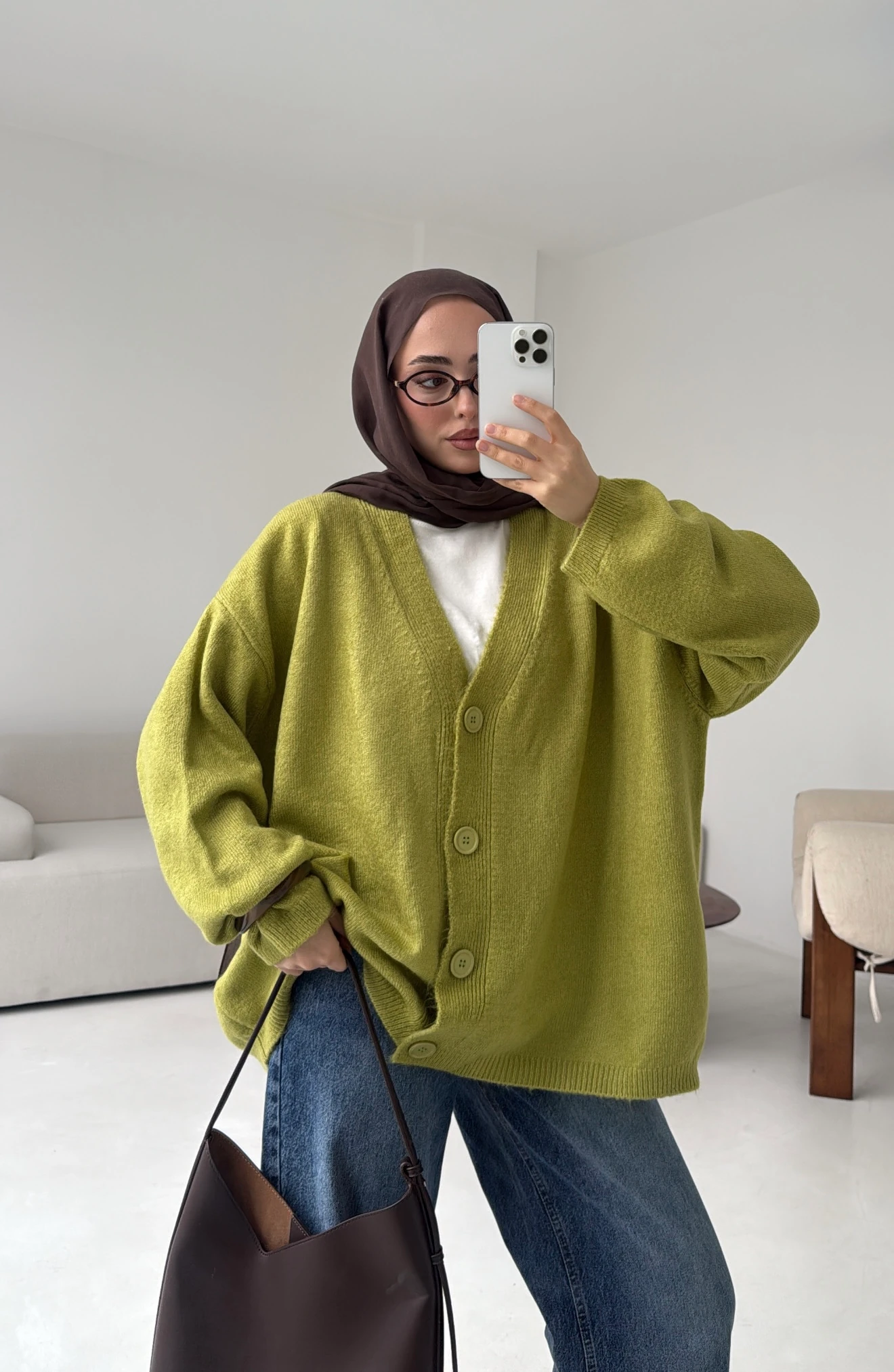 Oversize Yünlü Kazak Yağ Yeşili