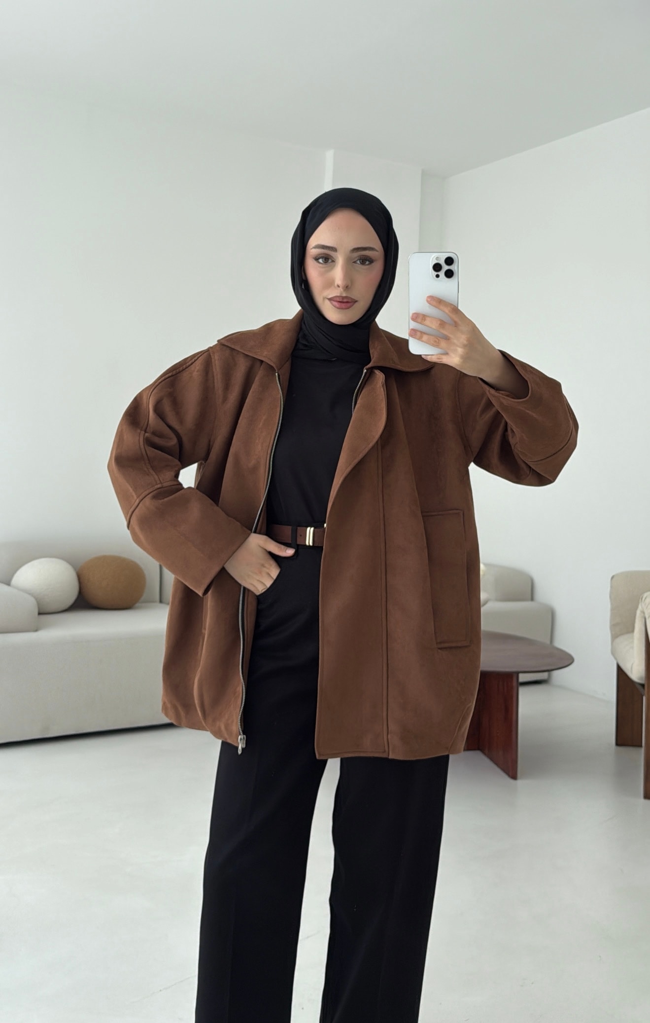 Fermuarlı Süet Ceket Taba