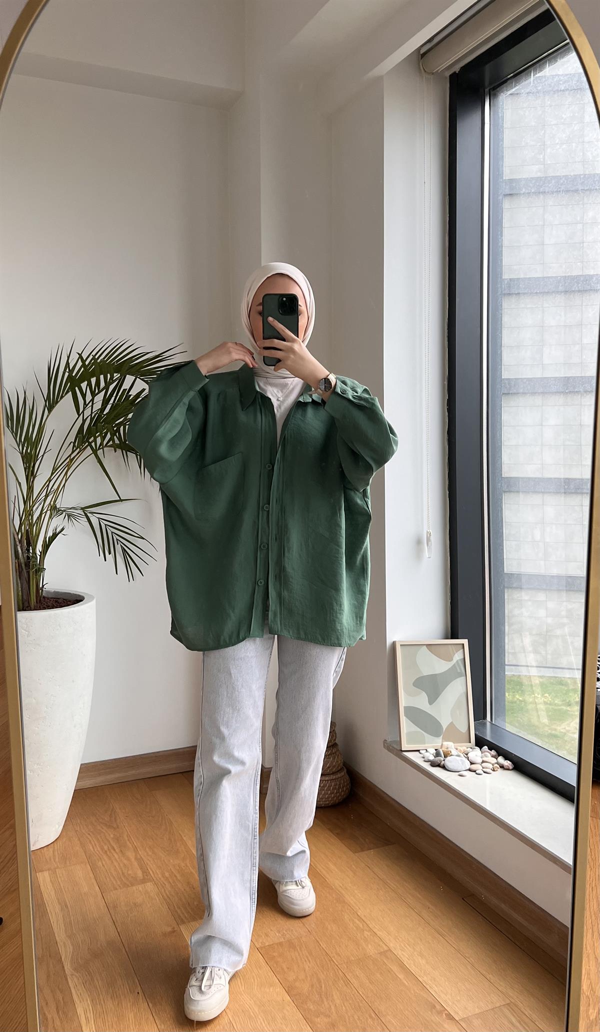 Oversize Pamuk Saten Gömlek Yeşil
