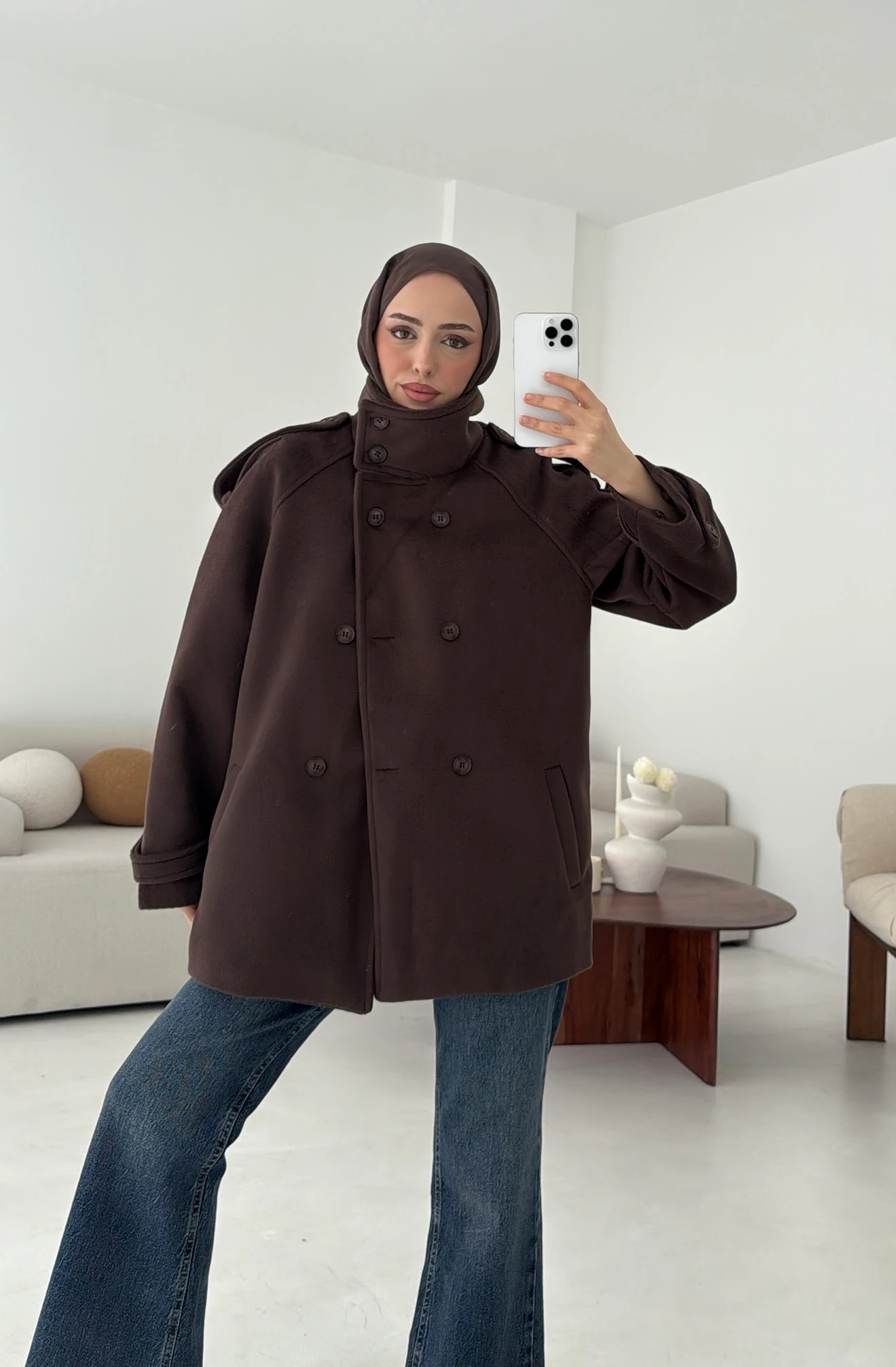 Kuşaklı Oversize Kaşe Kaban Kahve