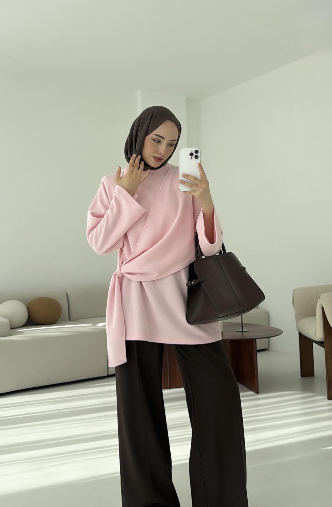 Yandan Şallı Tunik Pembe