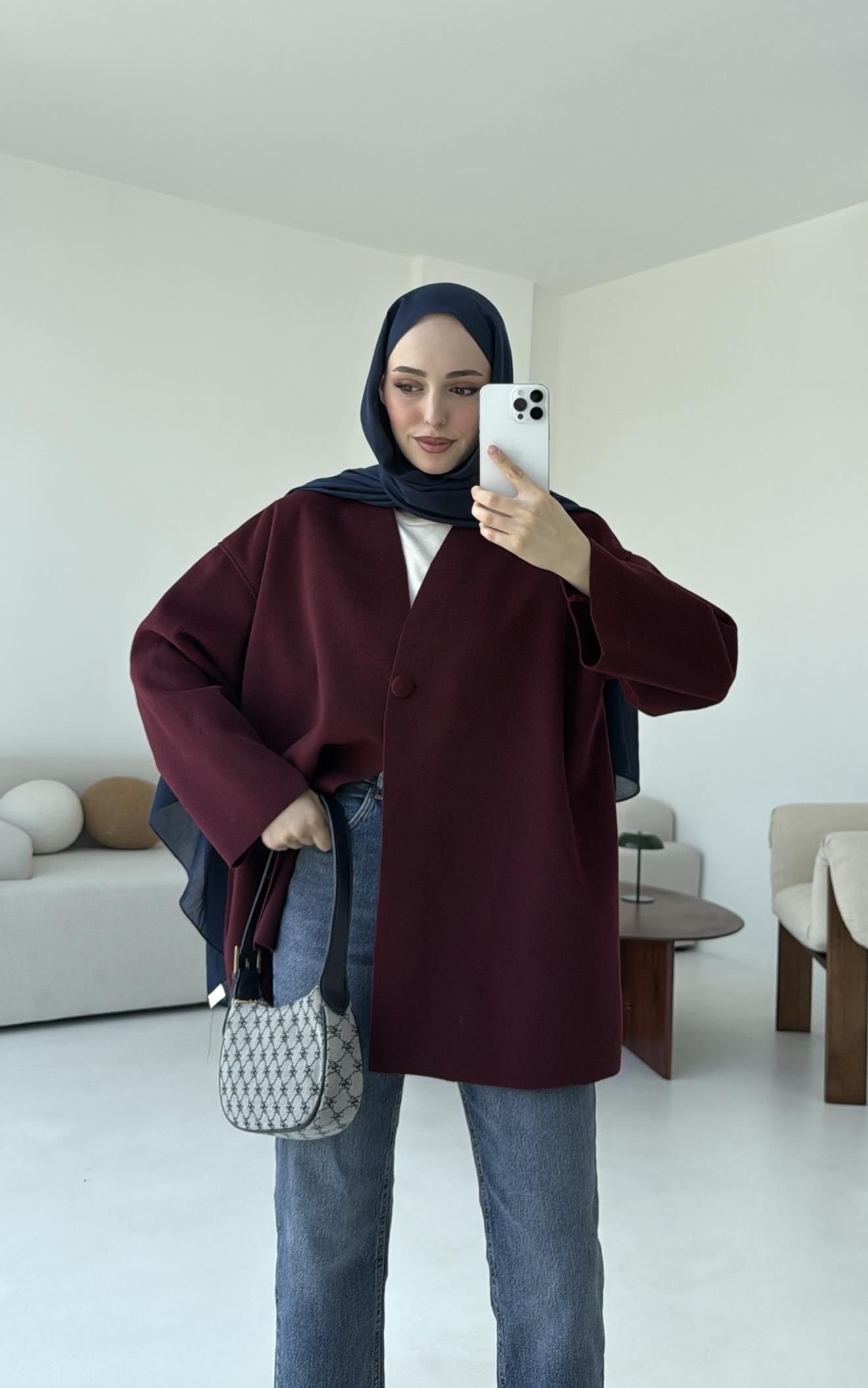 Hafif Tek Dügmeli Kaşe Ceket Bordo