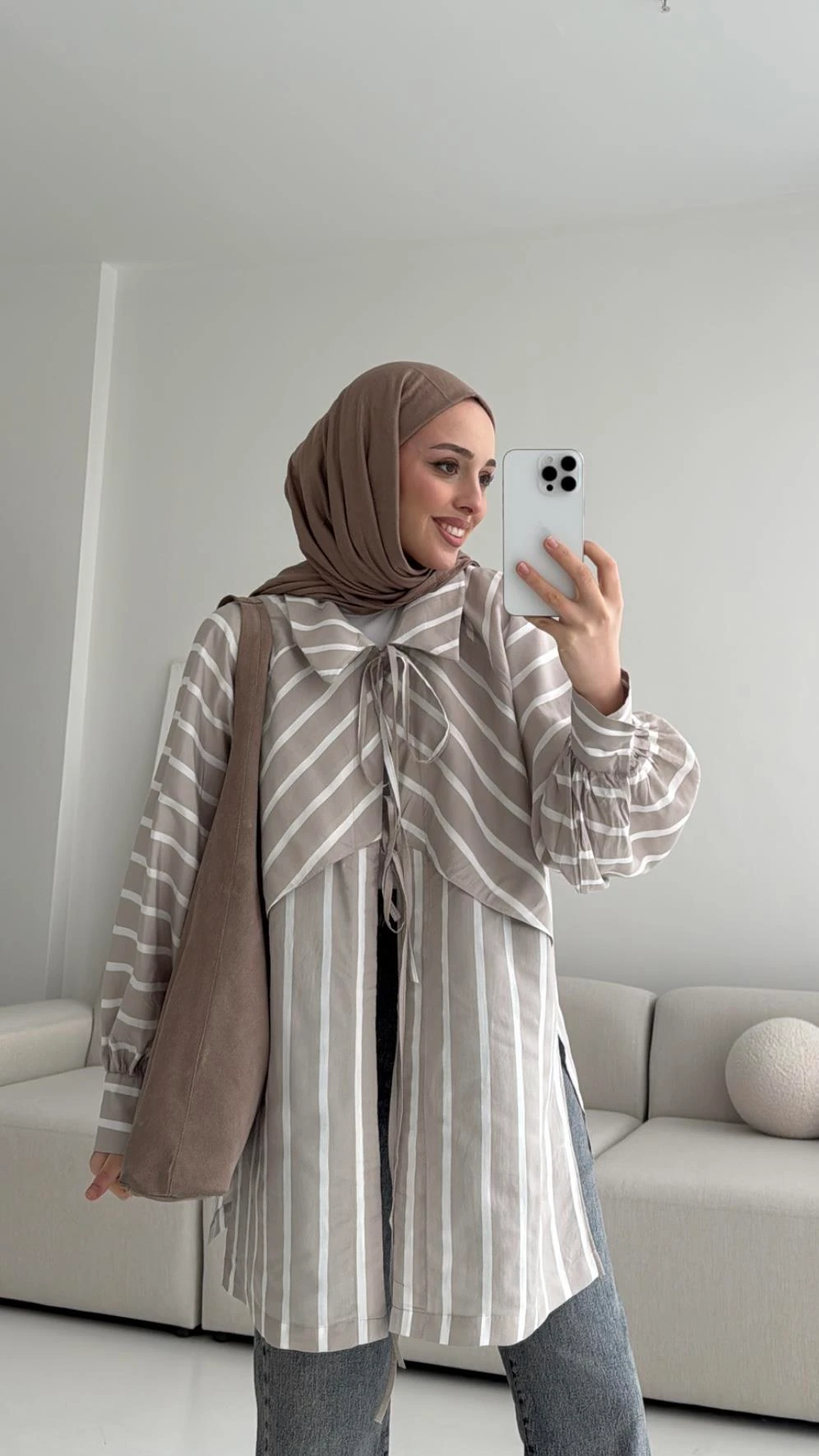 Çizgili Bağlamalı Kimono Bej