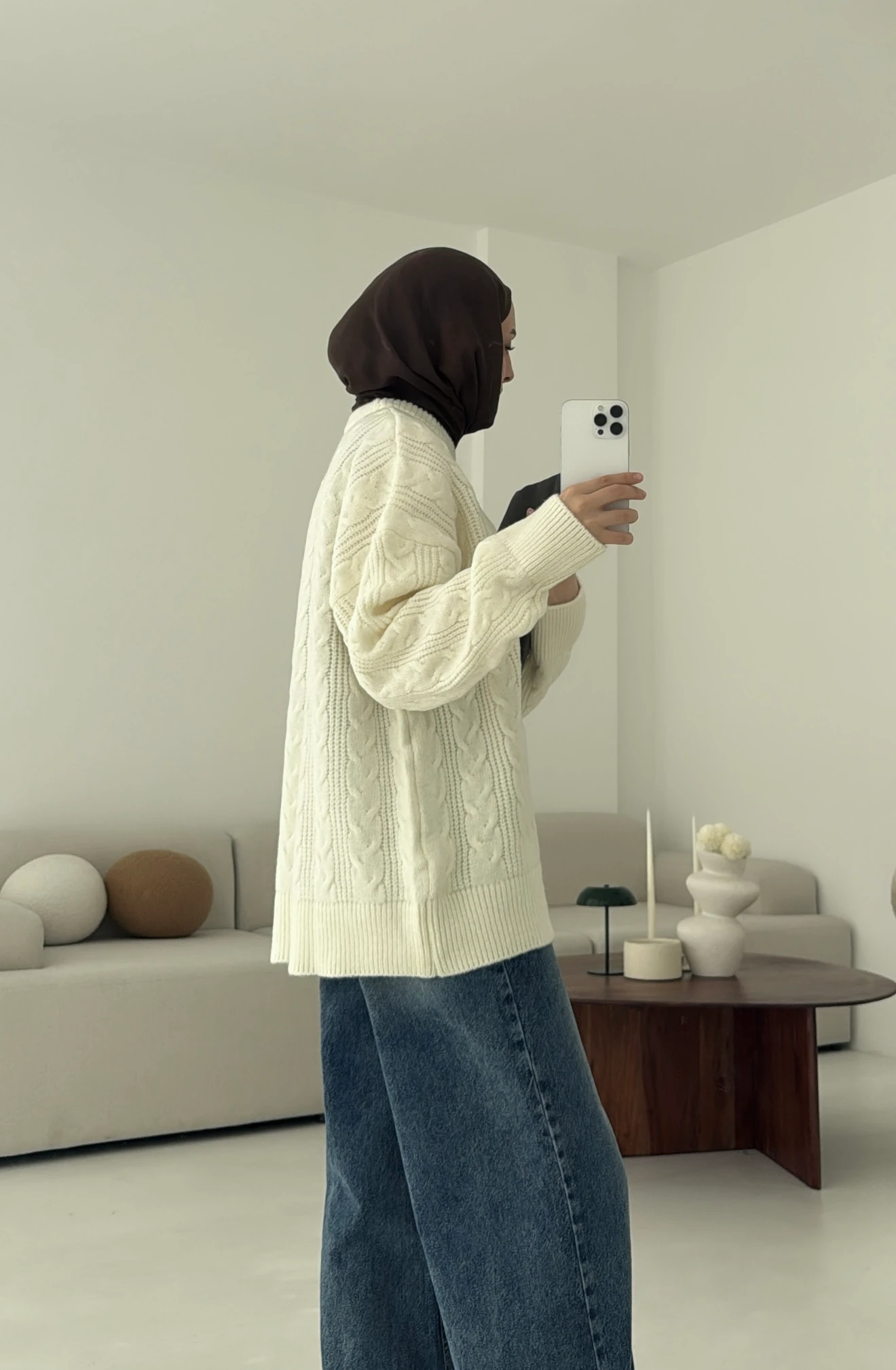 Kalın Saç Örgü Kazak Ekru