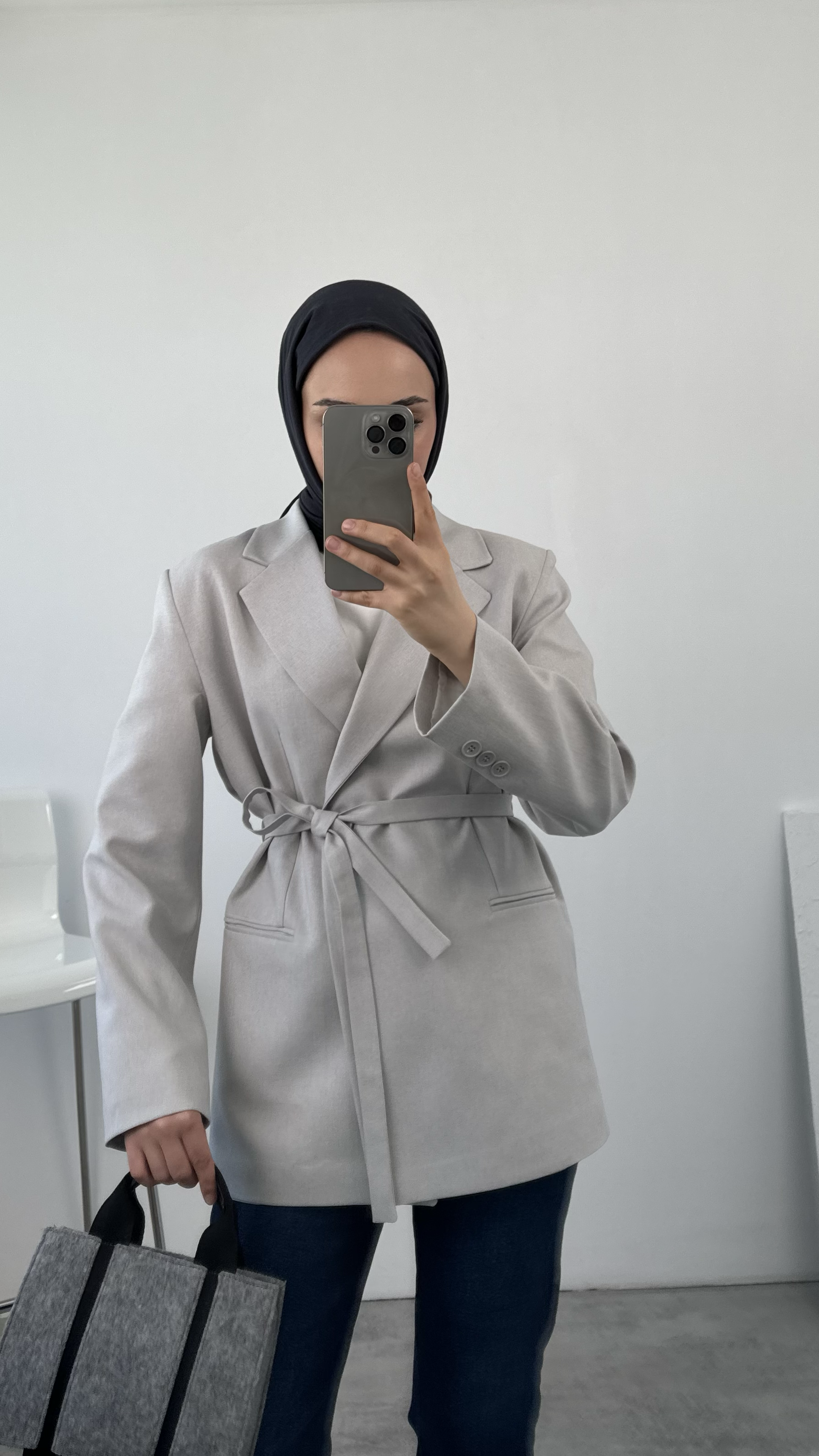 Bağlamalı Blazer Ceket Açık Gri