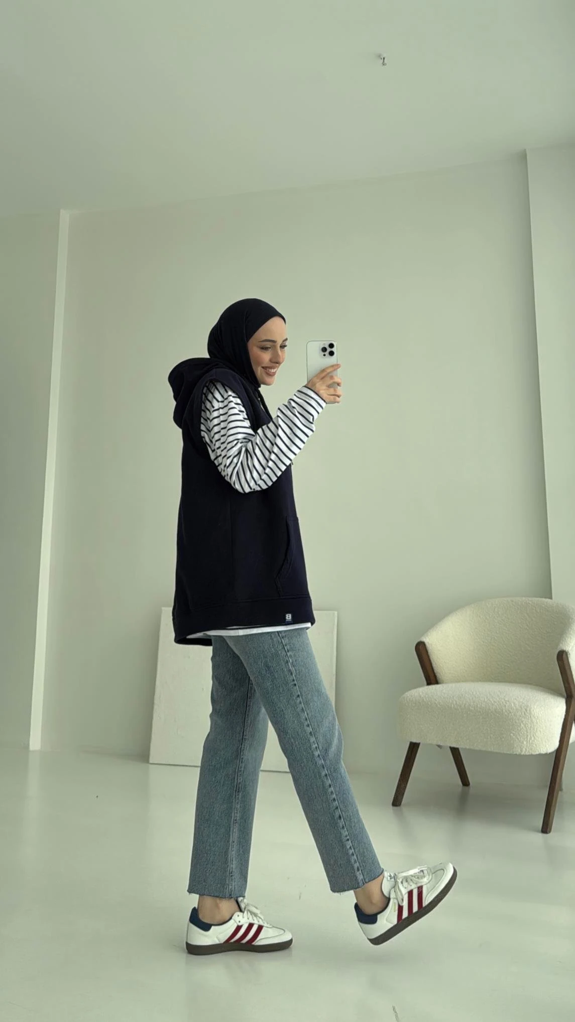 Kapüşonlu Çizgili İki Parçalı Sweat Lacivert