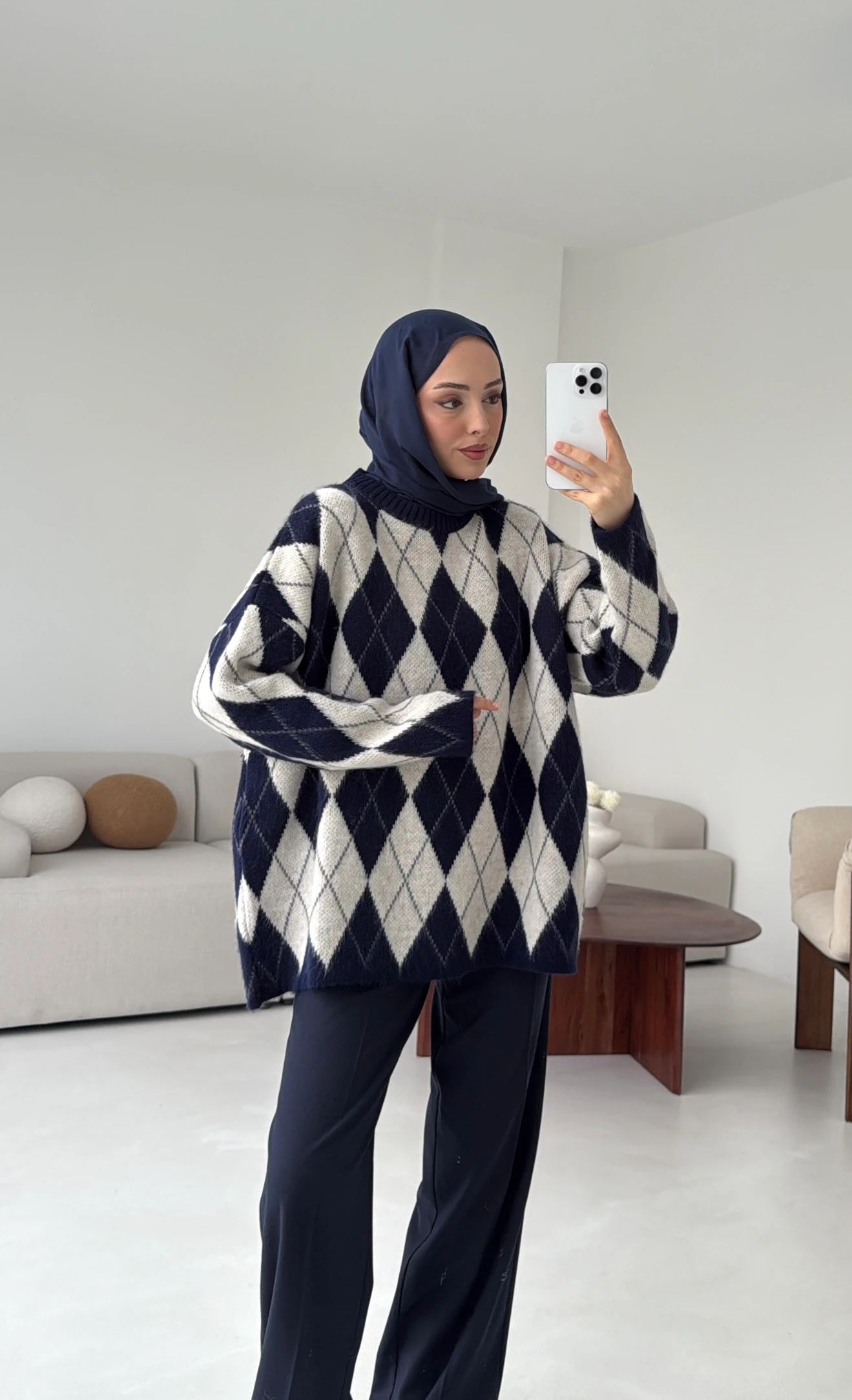 Premium Desenli Kalın Kazak Krem/Lacivert