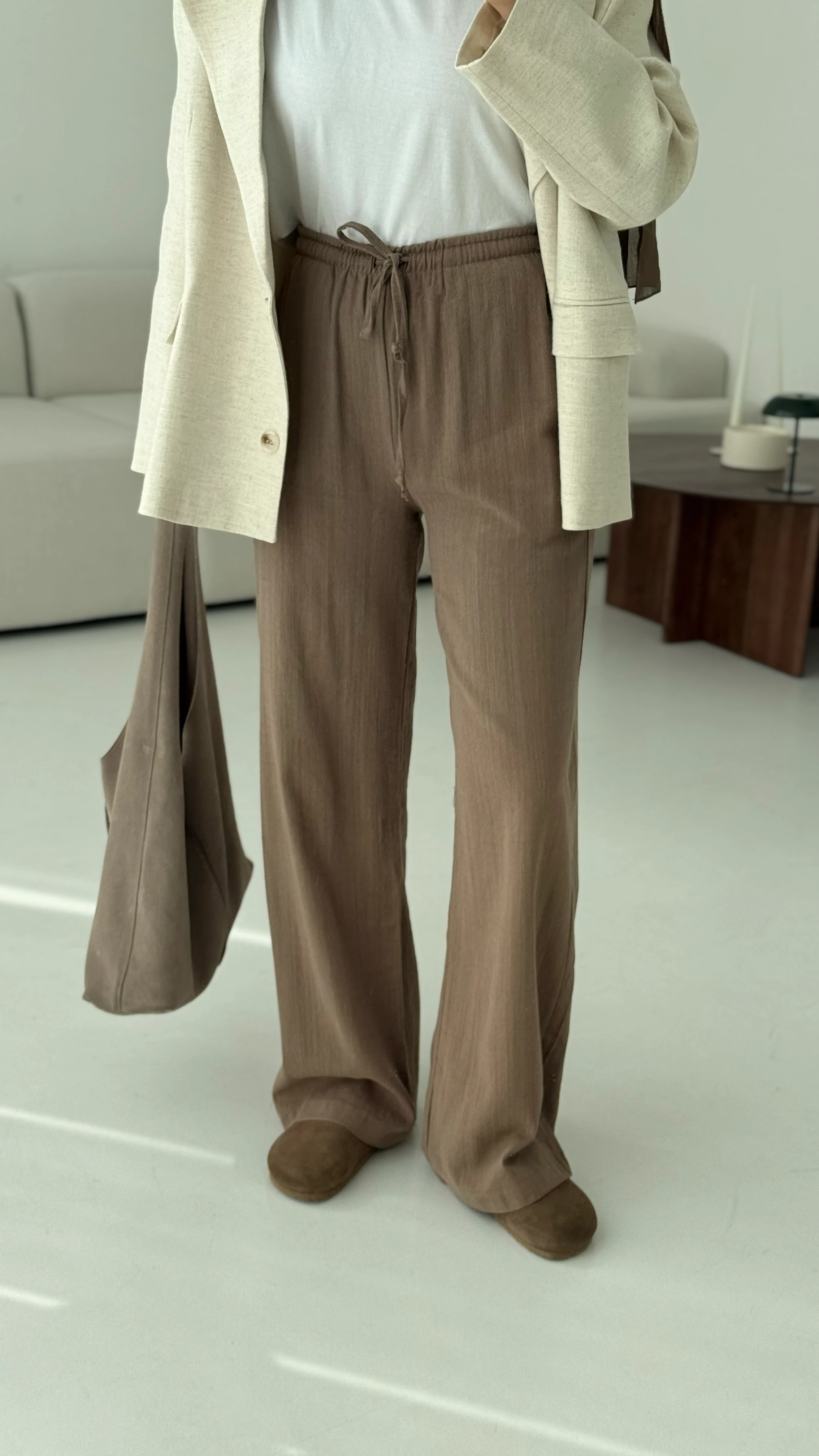 Tam Boy Keten Pantolon Kahve