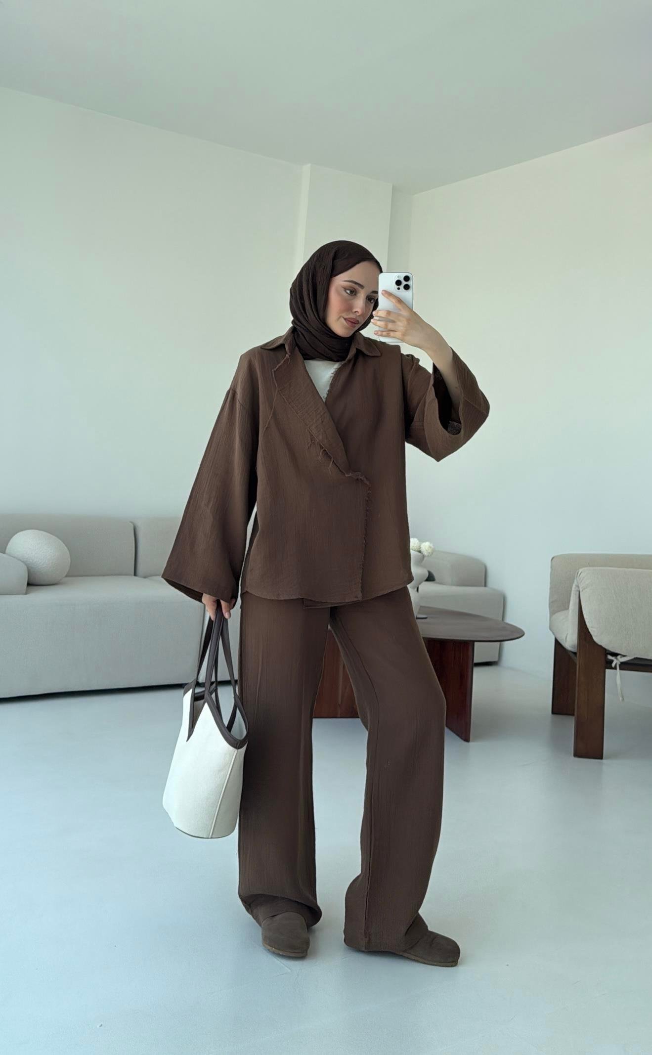 Müslin Düğmeli Kimono Takım Kahve