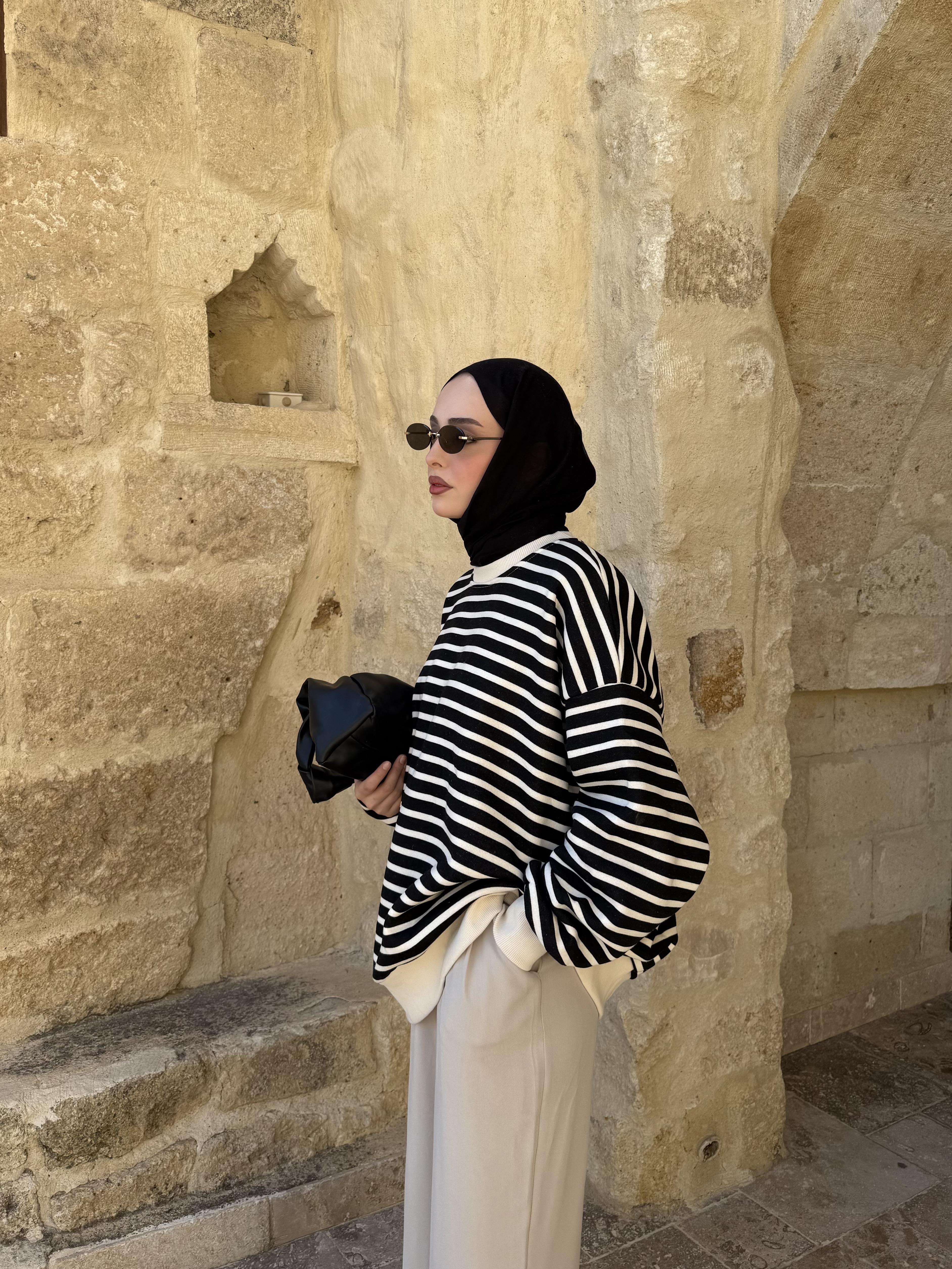Çizgili Oversize Sweatshirt Ekru