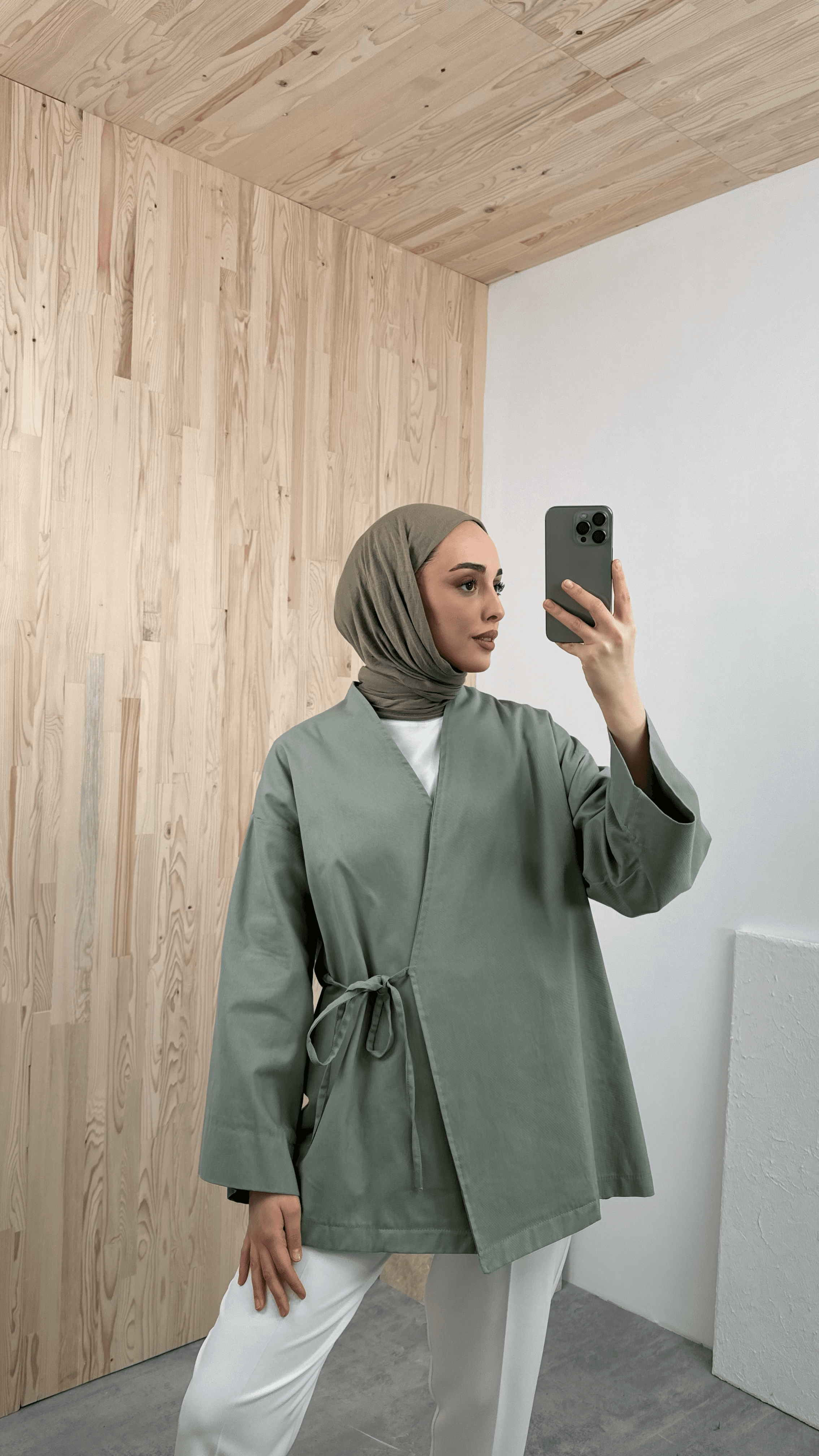 Gabardin Bağlamalı Ceket/Kimono Çağla Yeşili