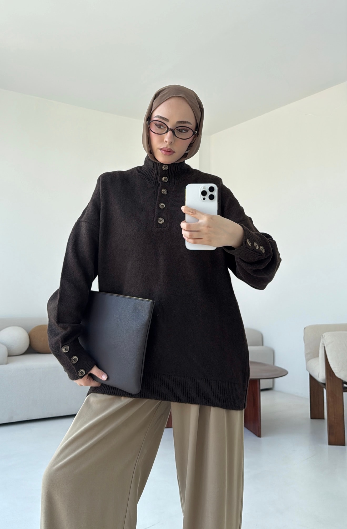 Kolları Düğme Detay Triko Kazak Acı Kahve