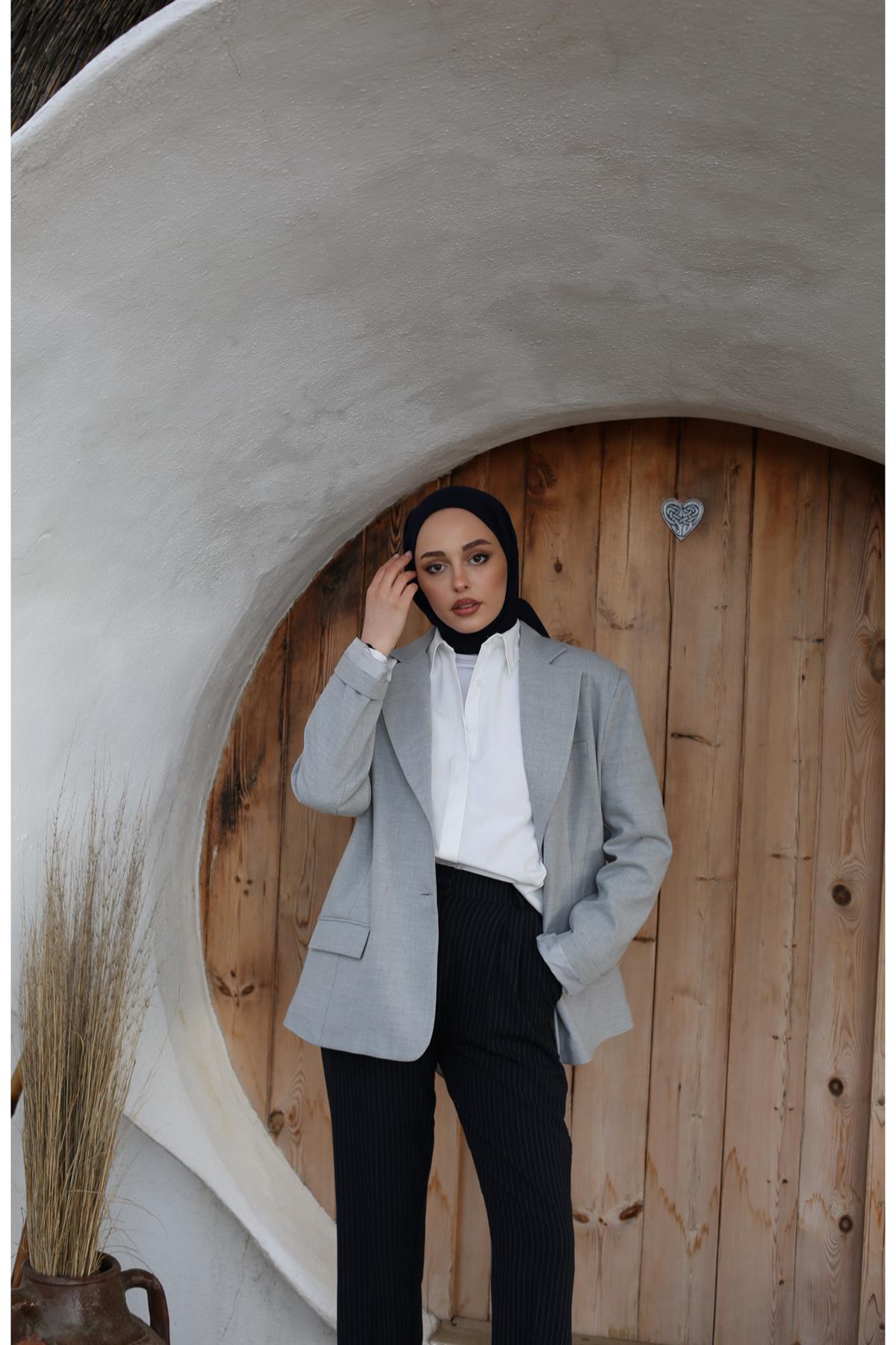 Oversize Kesim Blazer Ceket Gri