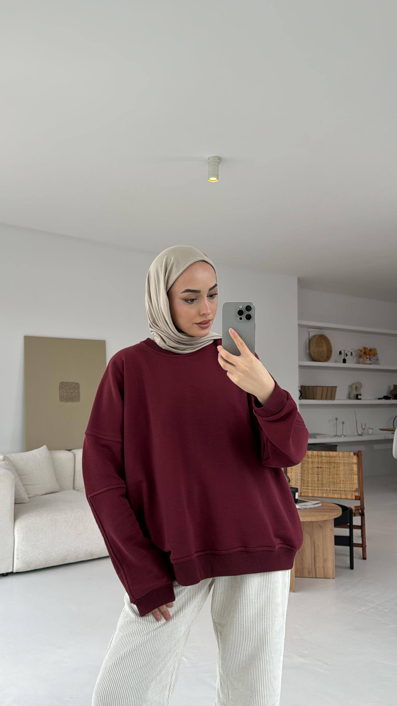 Kolları Dikiş Detaylı Oversize Sweatshirt Bordo