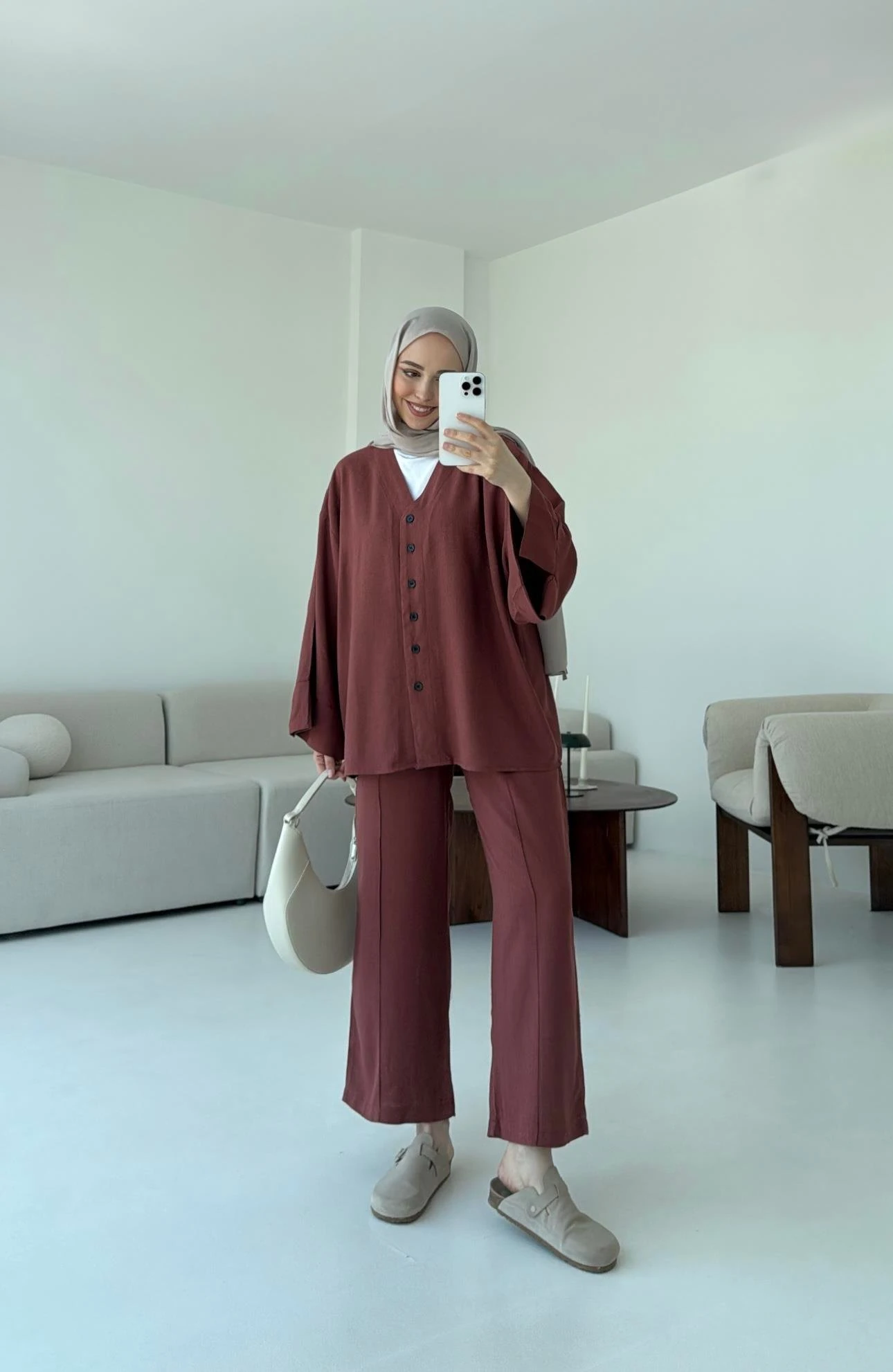 Düğmeli Kimono Takım Kiremit