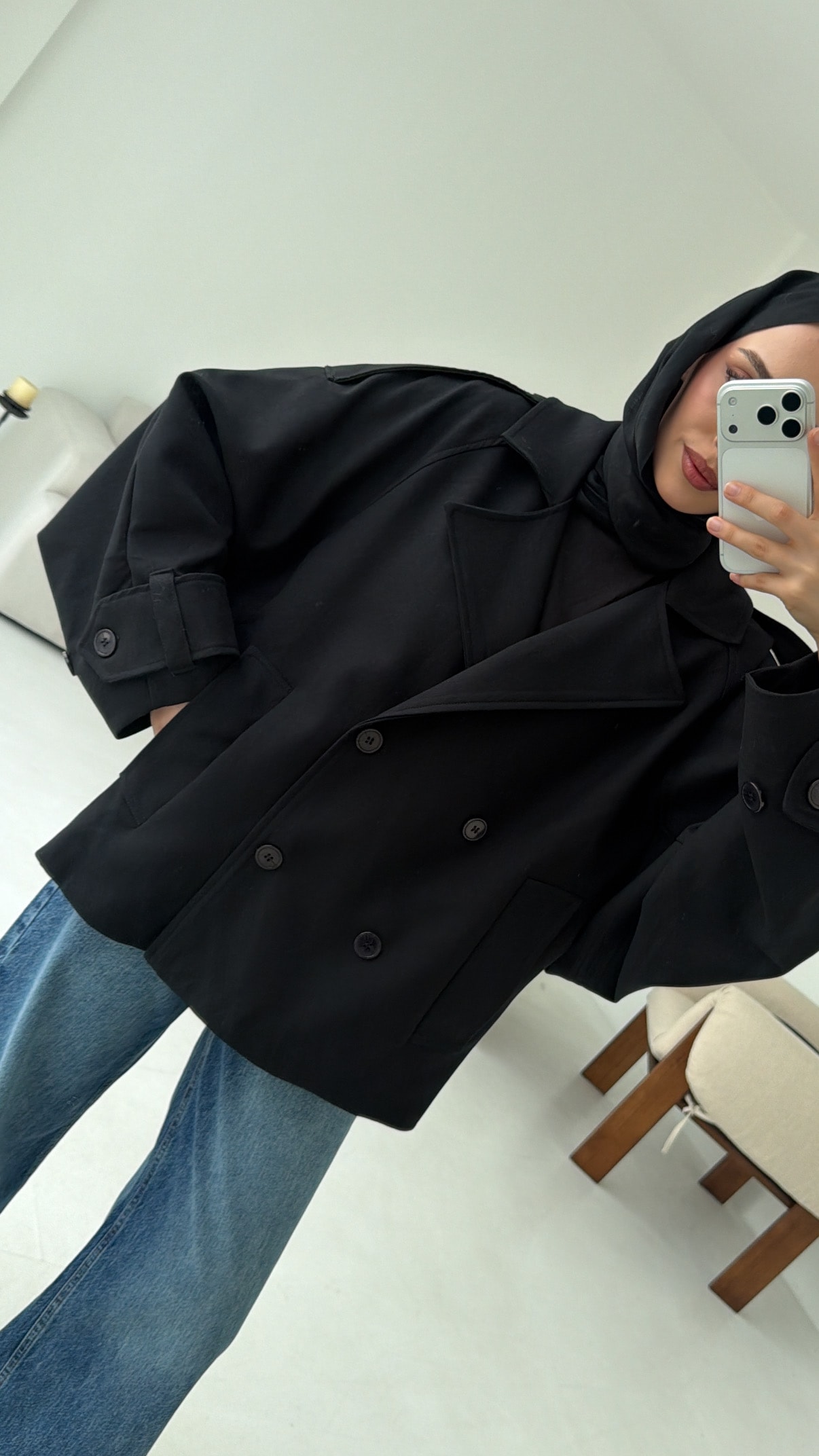 Dökümlü Trençkot Siyah