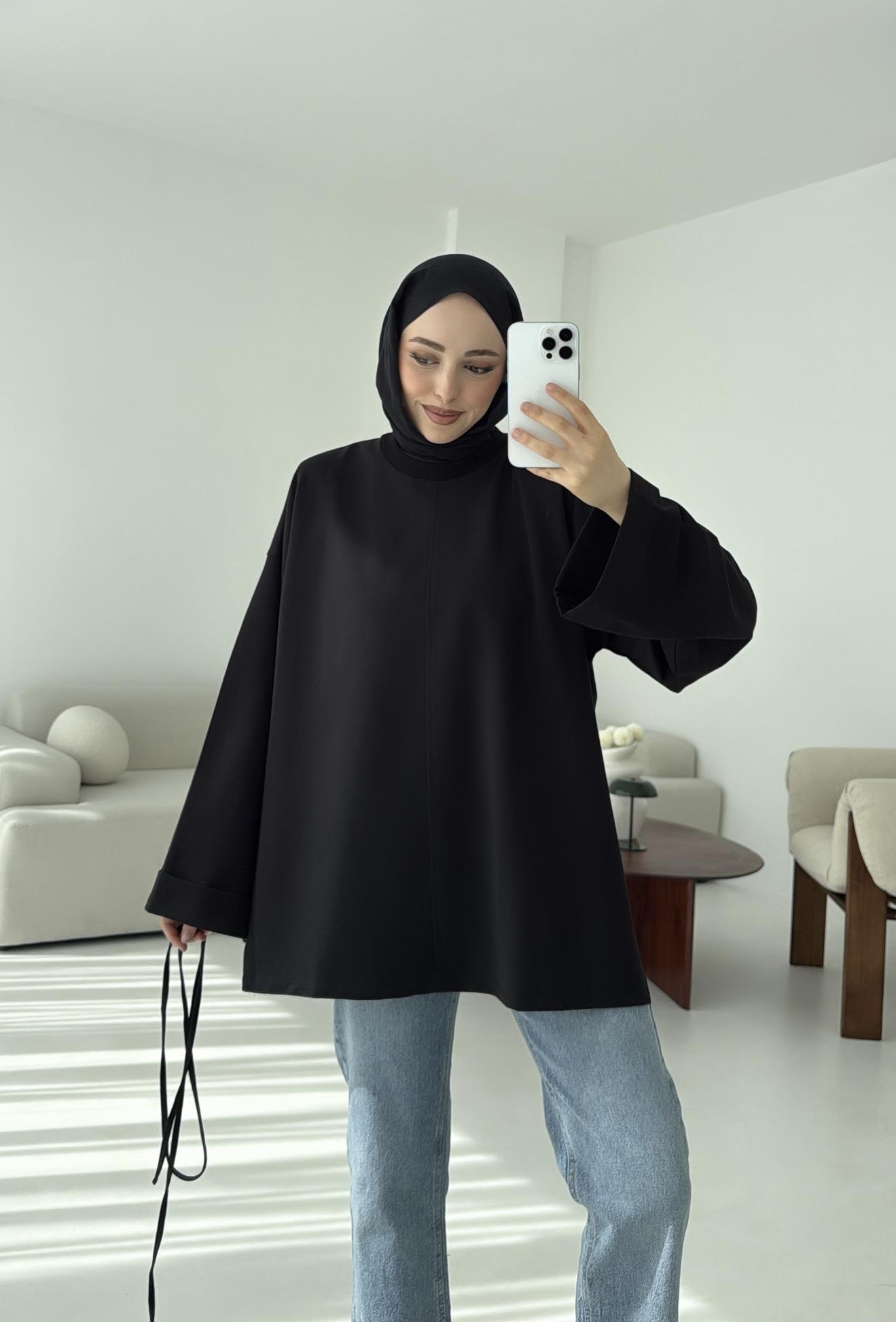 Bağlamalı Yanı Yırtmaç Detay Sweat Siyah