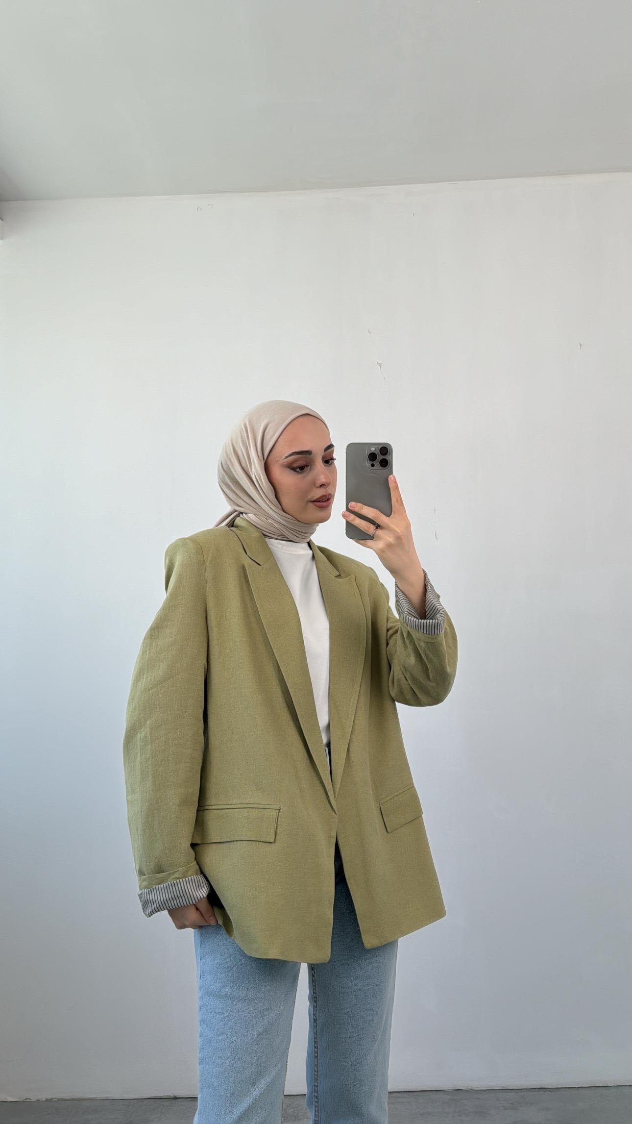 Keten Astarı Çizgili Blazer Ceket Haki