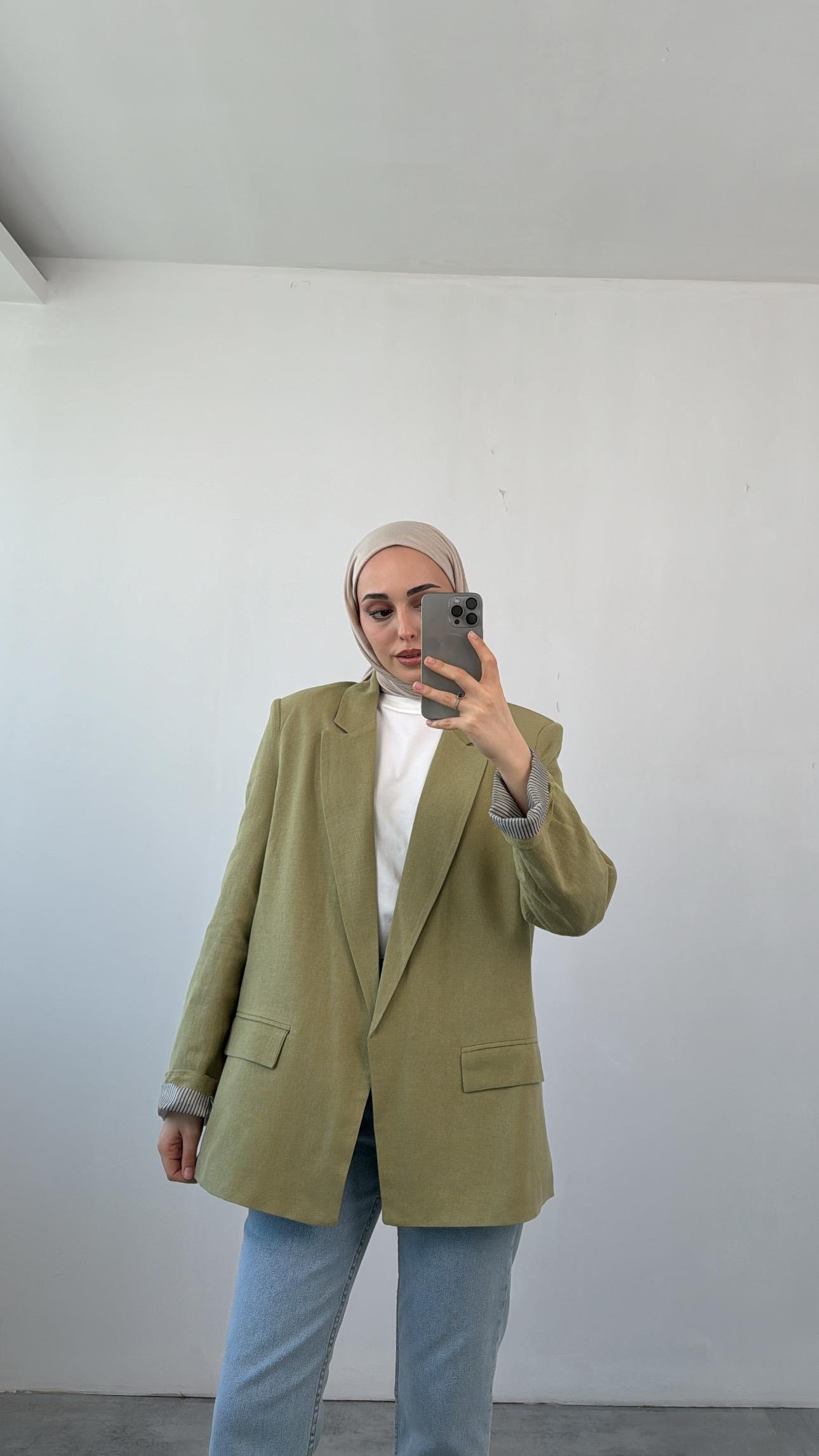 Keten Astarı Çizgili Blazer Ceket Haki