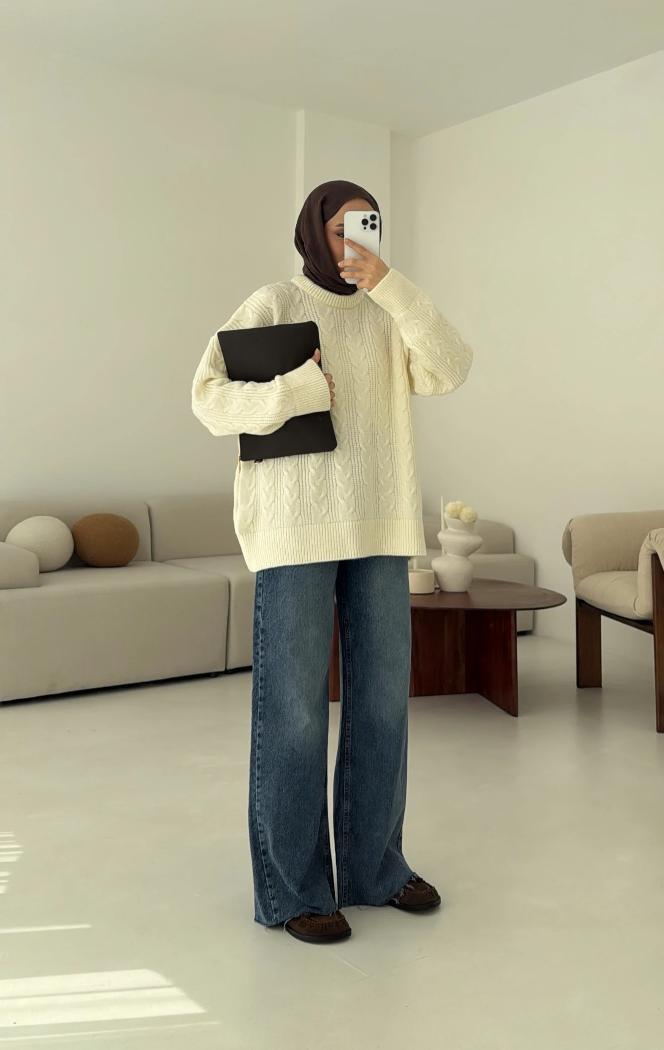 Kalın Saç Örgü Kazak Ekru