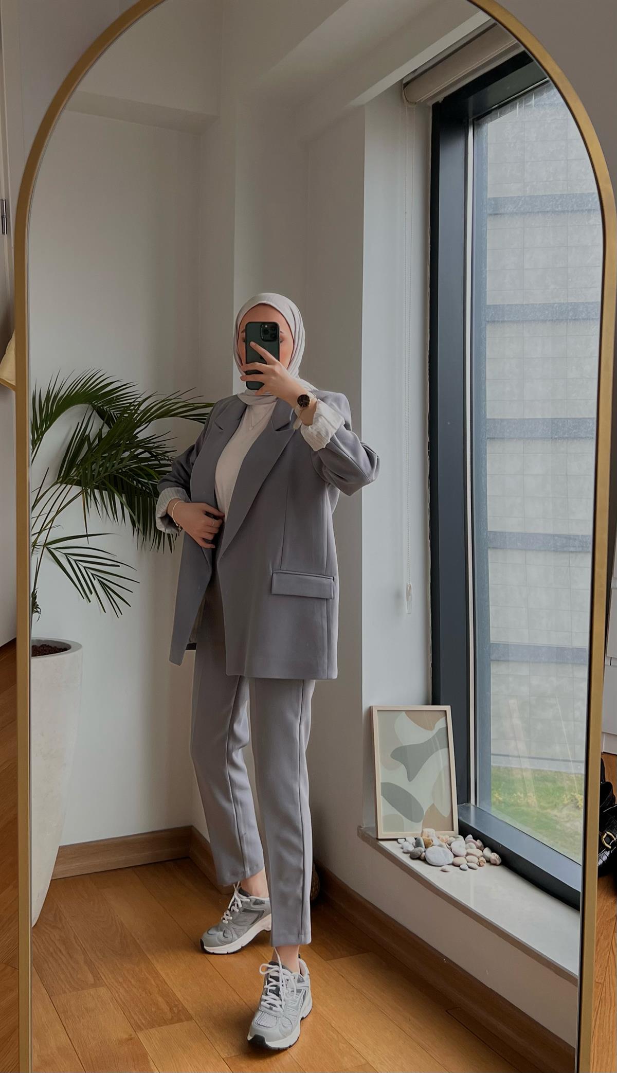 İç Astarı Çizgili Blazer Ceket Gri