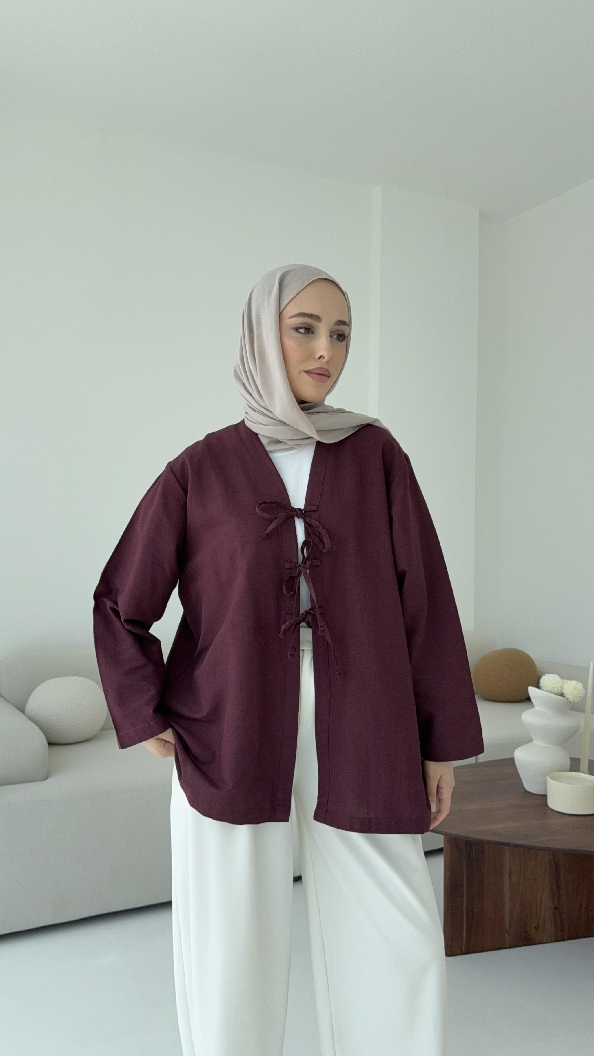 Keten Üç Bağlamalı Kimono Bordo