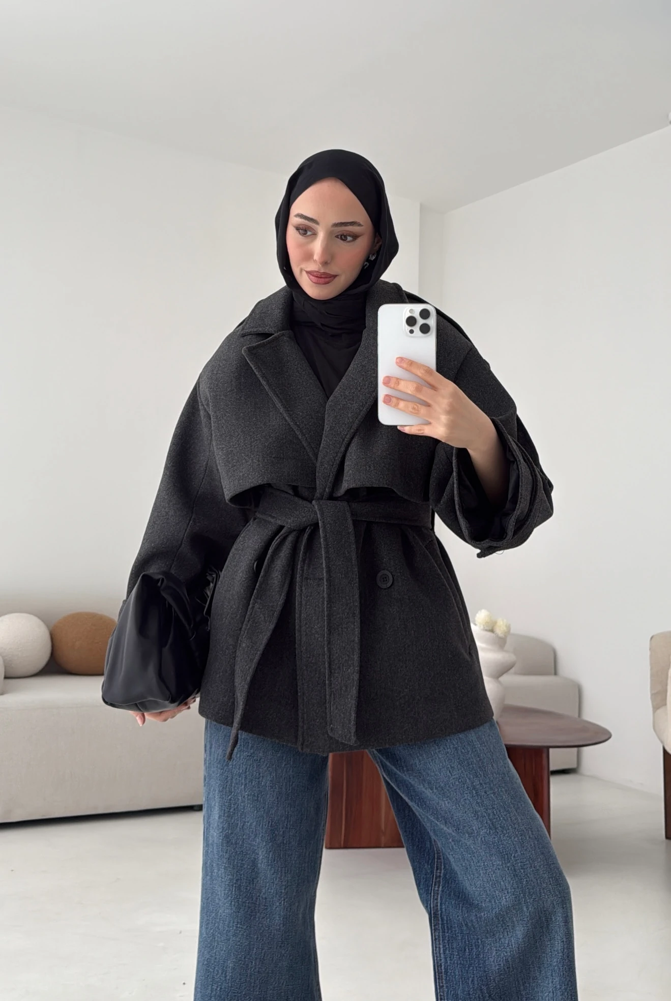 Antrasit Düğmeli Kol Manşetli Kaşe Kaban 