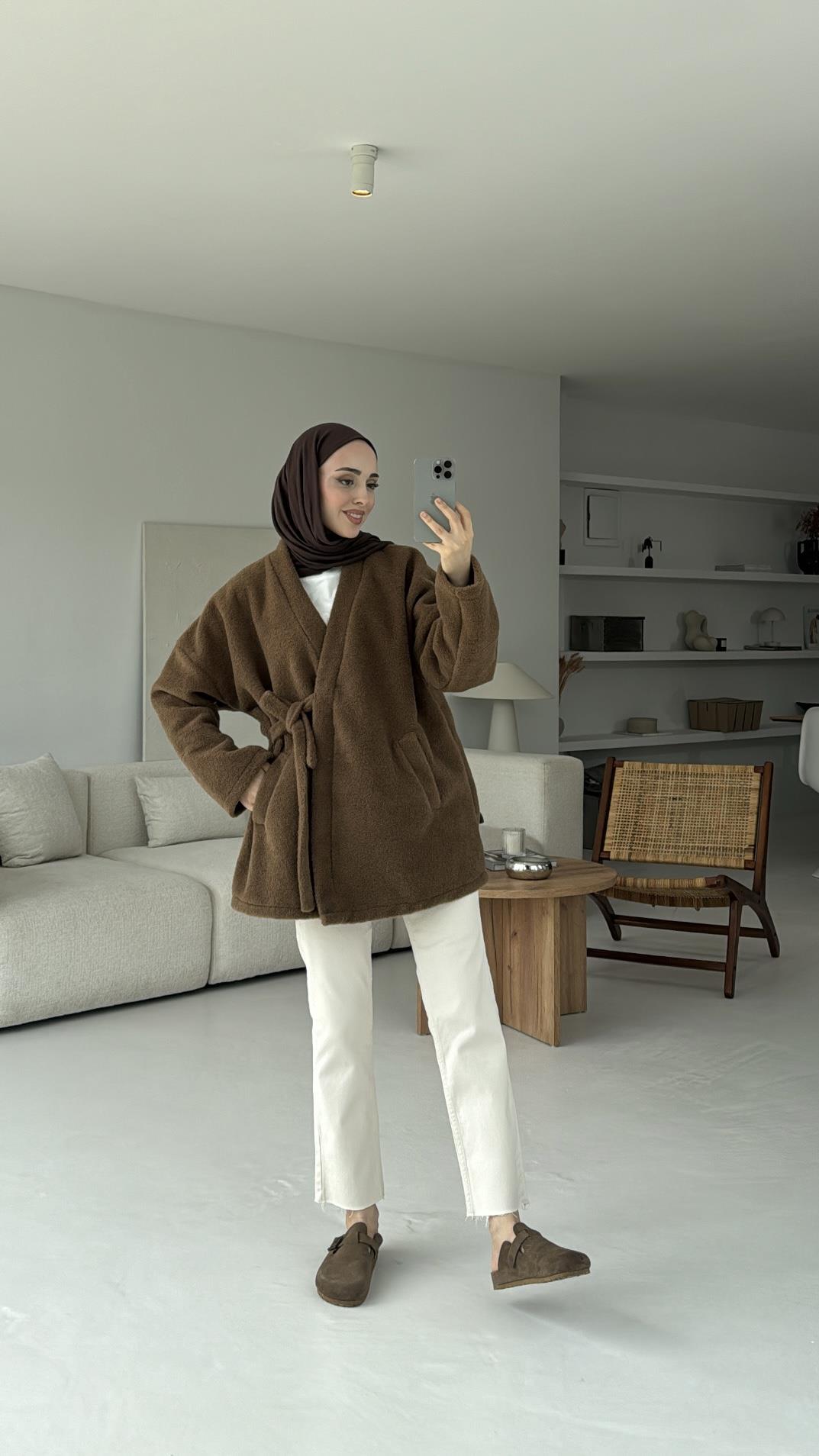 Yandan Bağlamalı Peluş Mont Kahve