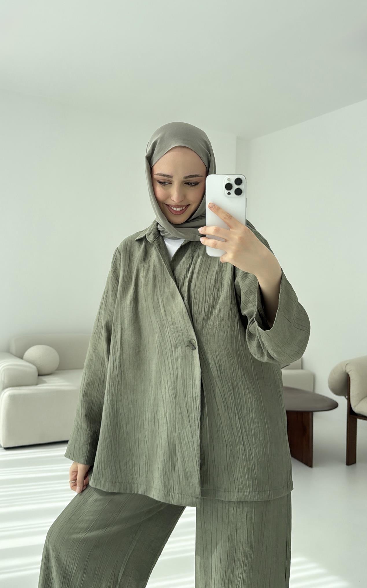 Düğme Detay Yazlık Takım Haki