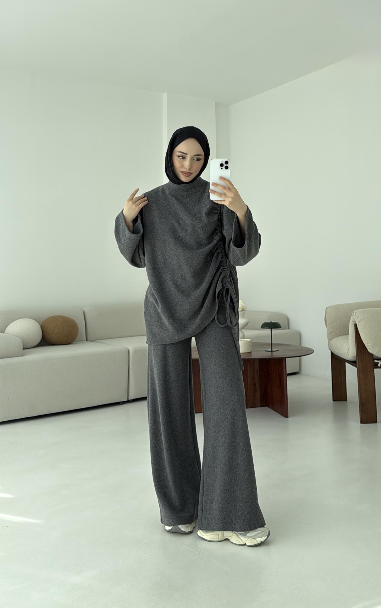 Bluzu Yandan Biyeli Takım Antrasit