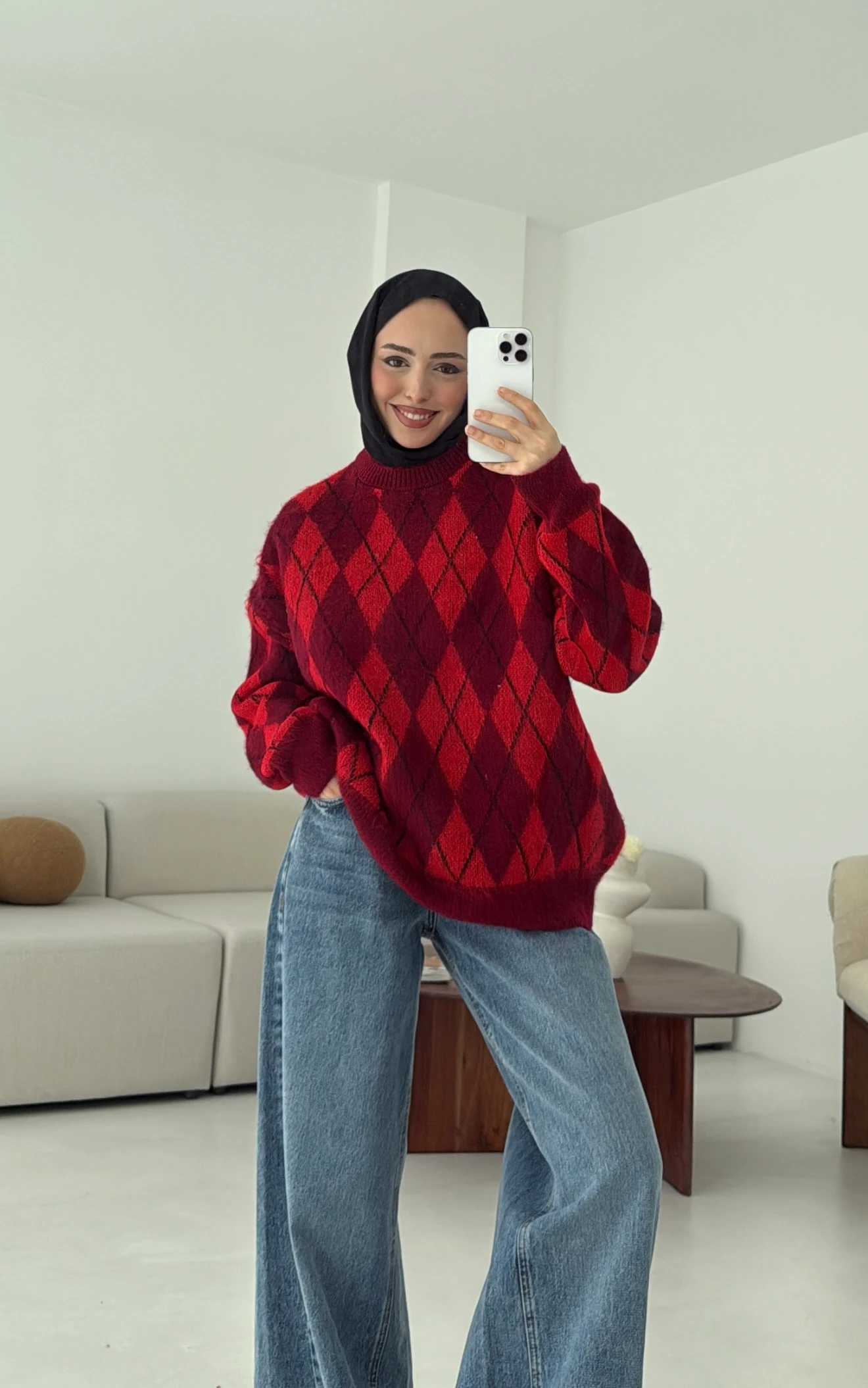 Baklava Desen Şardonlu Kazak Bordo