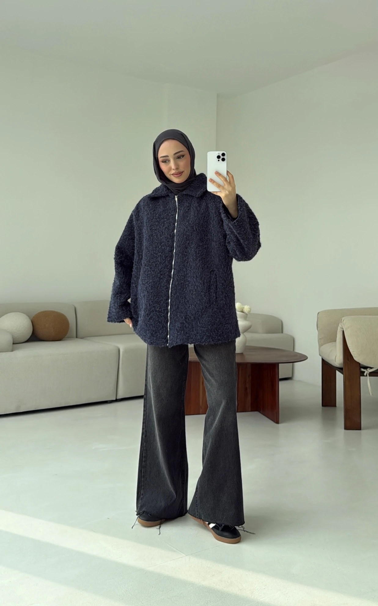 Kırçıllı Fermuarlı Kaban Lacivert