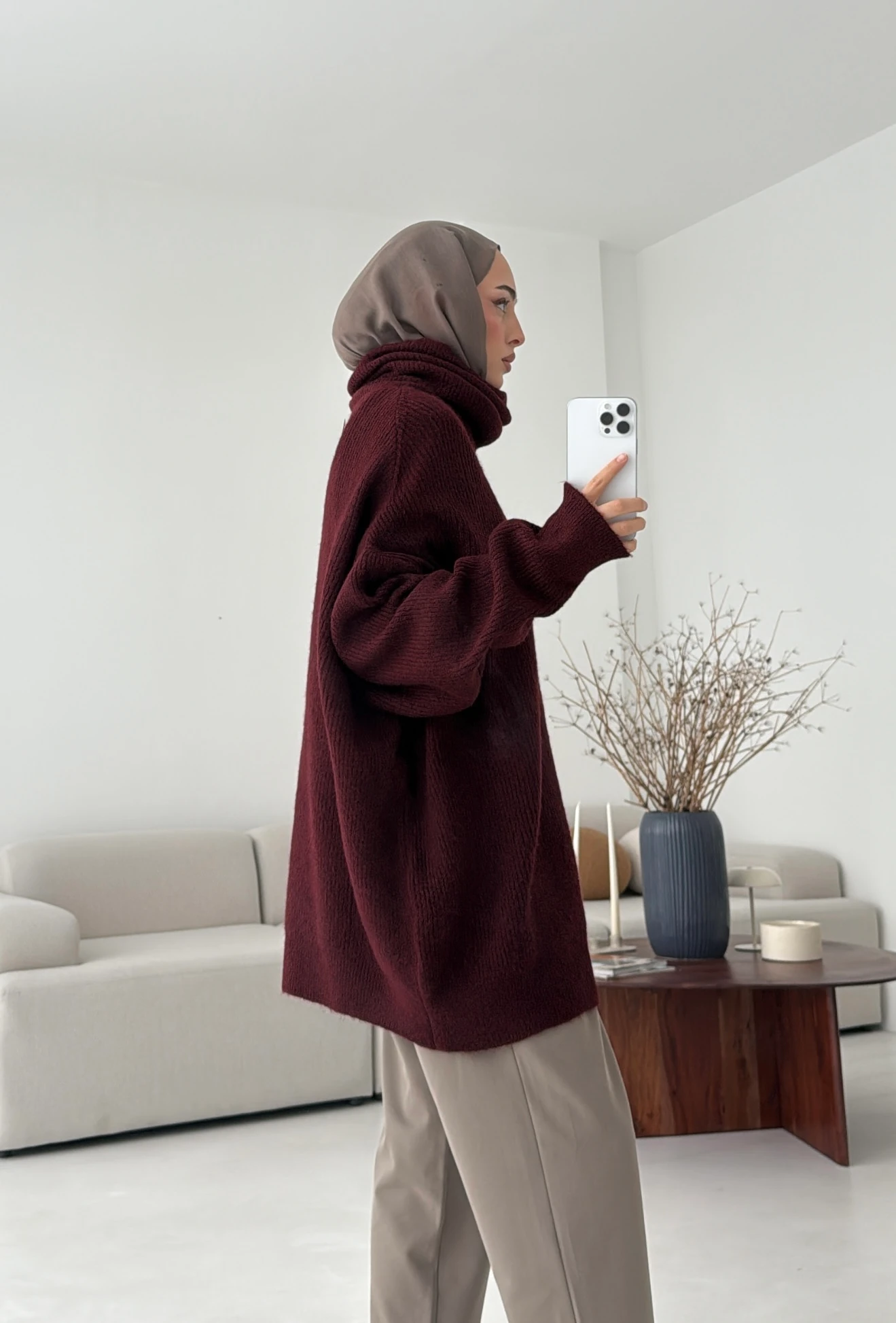 Balıkçı Yaka Oversizse Triko Kazak Bordo