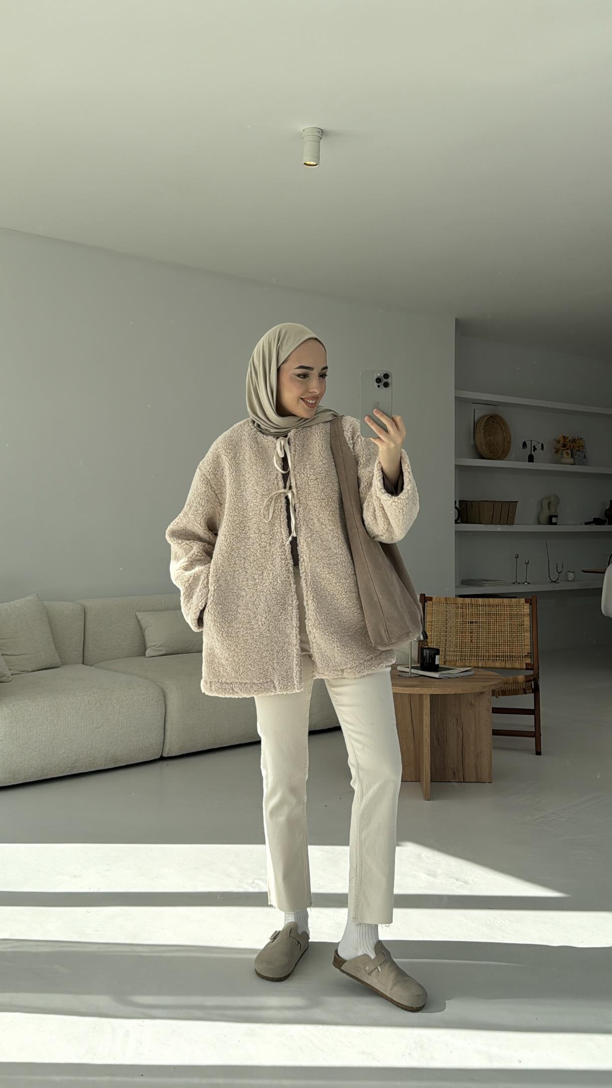 Teddy Bağlamalı Ceket Bej