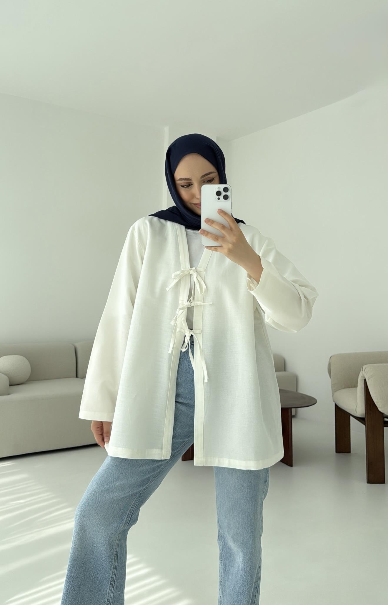 Keten Üç Bağlamalı Kimono Beyaz