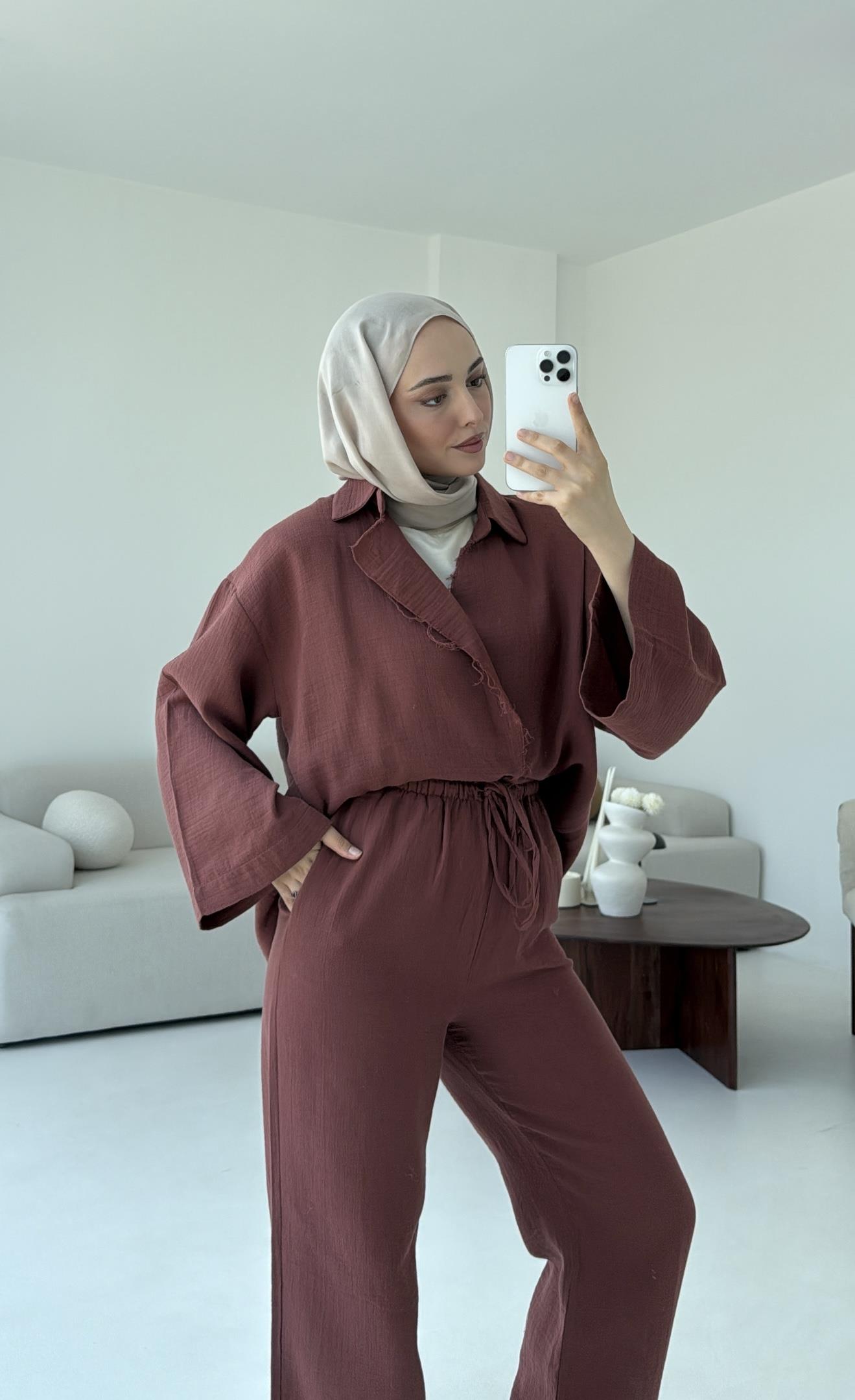 Müslin Düğmeli Kimono Takım Kiremit