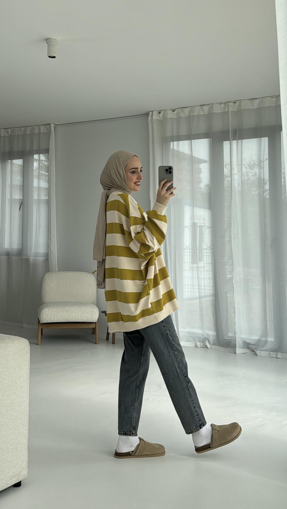 Çizgili Oversize Sweatshirt Olive