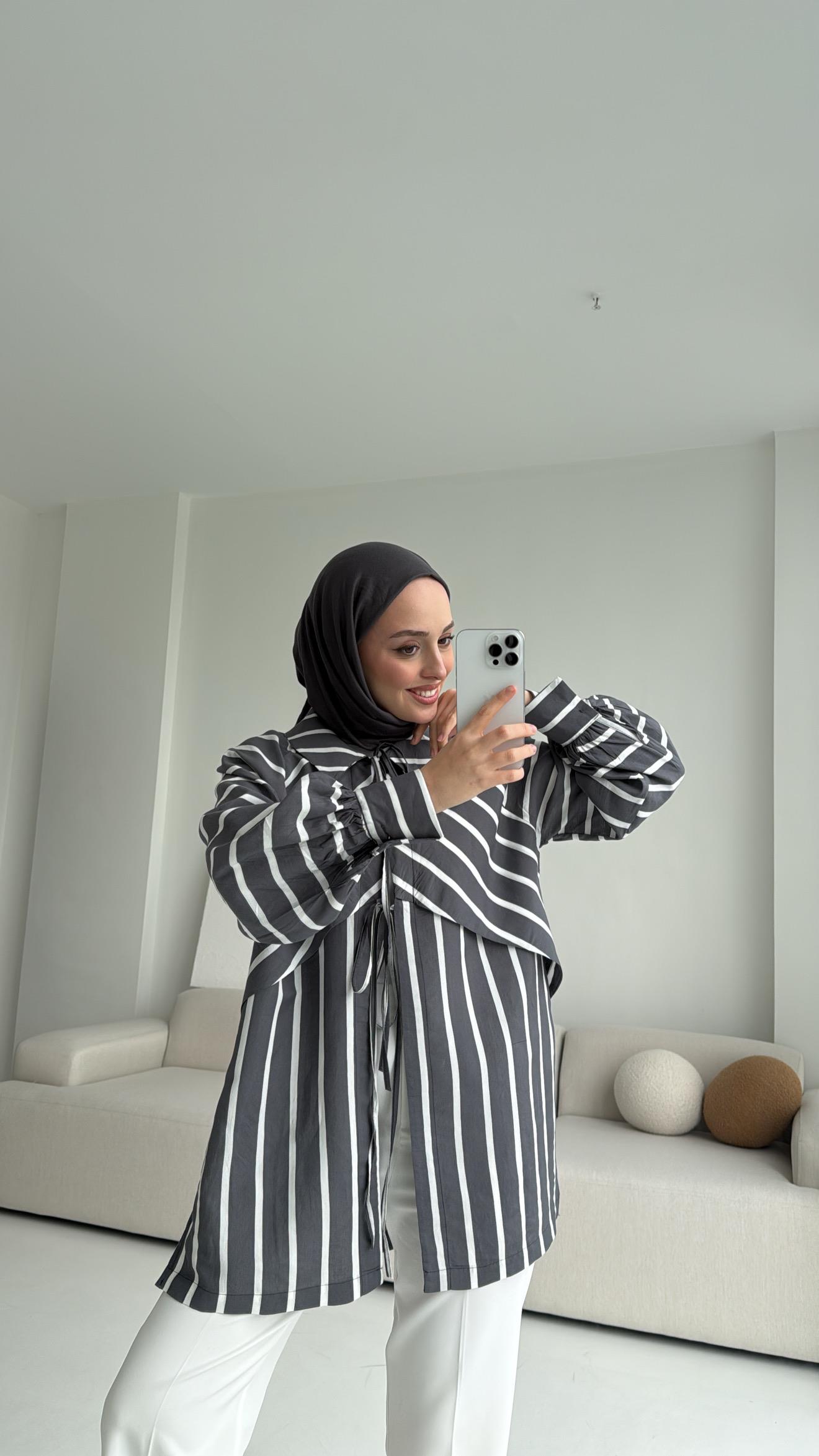 Çizgili Bağlamalı Kimono Antrasit