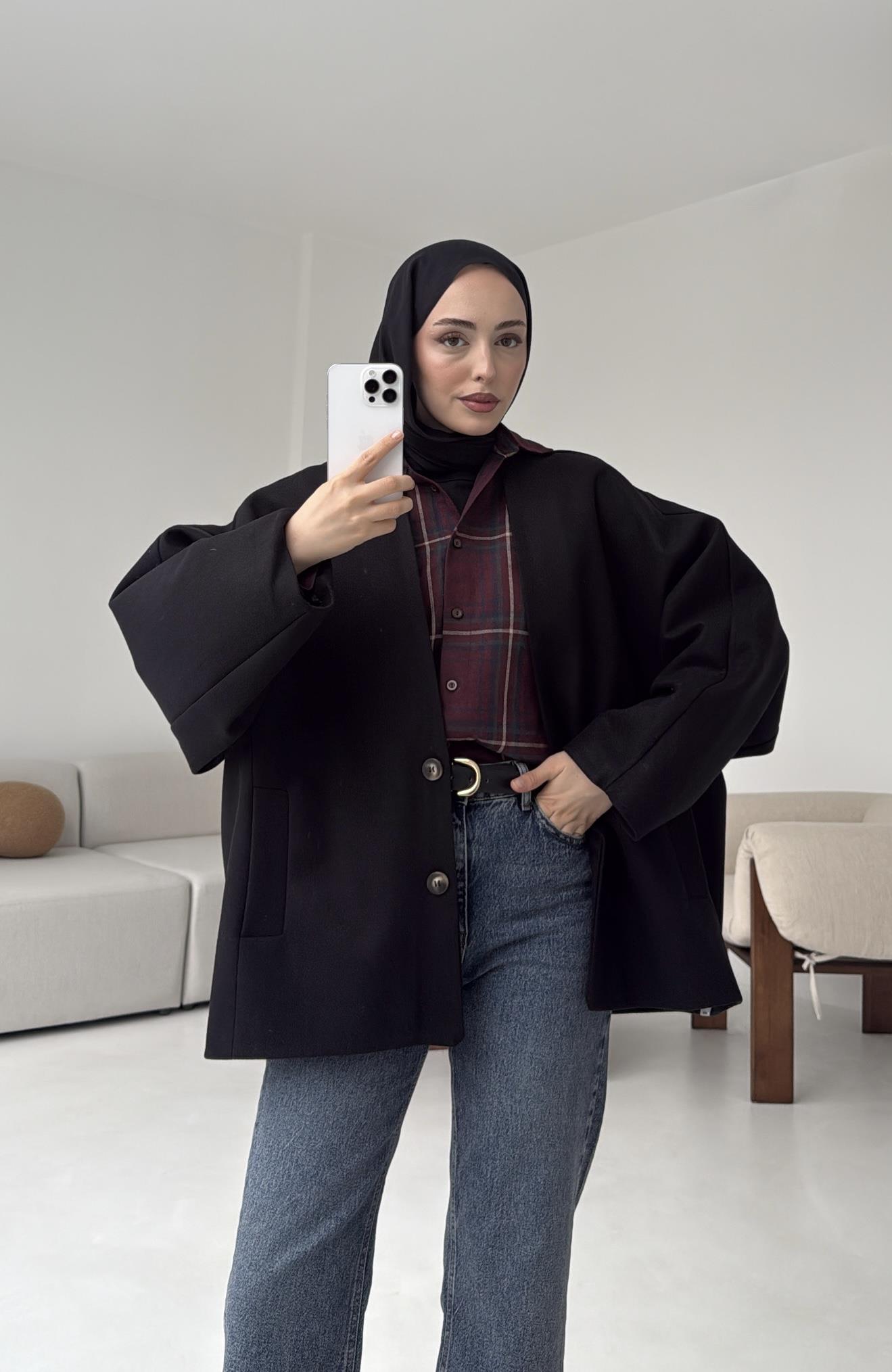 Soft Oversize Kaşe Kaban Siyah