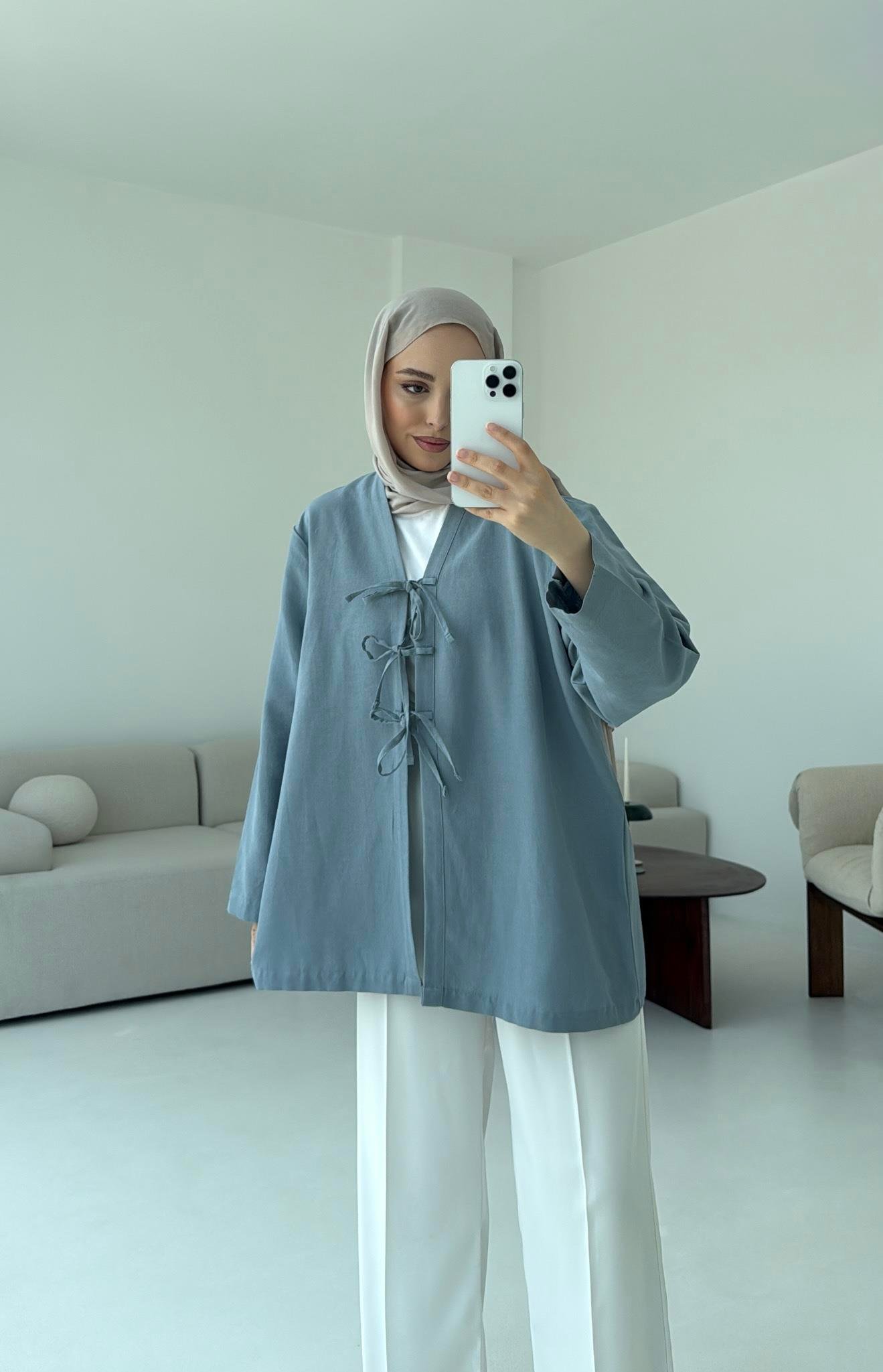 Keten Üç Bağlamalı Kimono Mavi