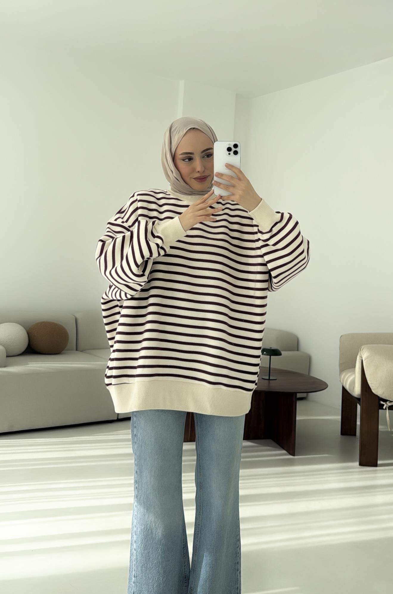 Çizgili Oversize Sweatshirt Bordo