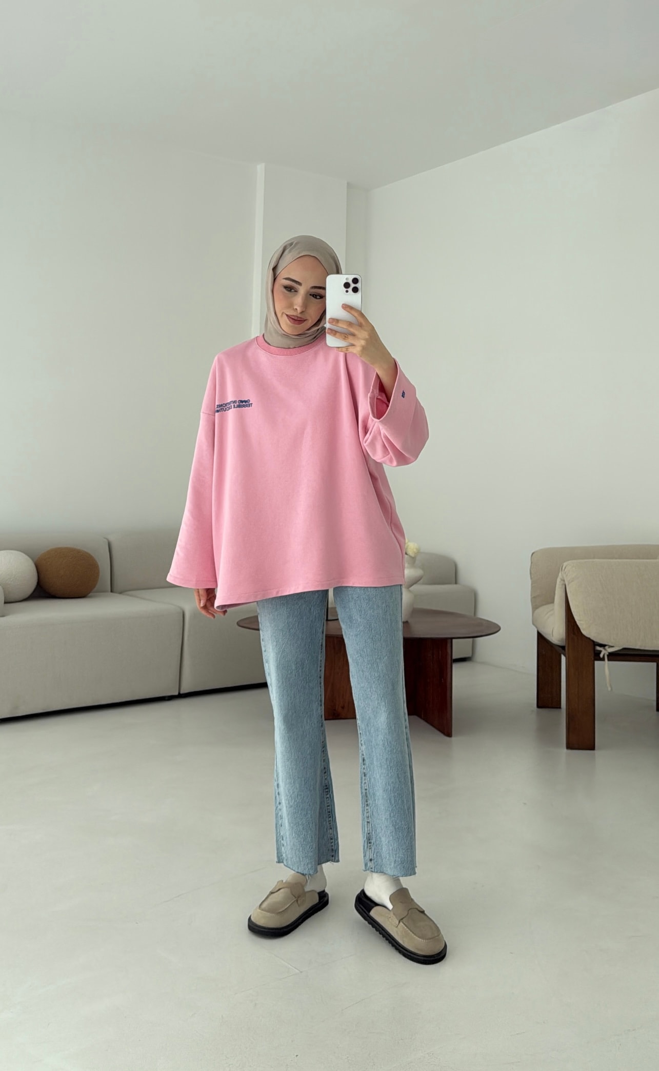 Nakışlı Oversize Sweatshirt Pembe