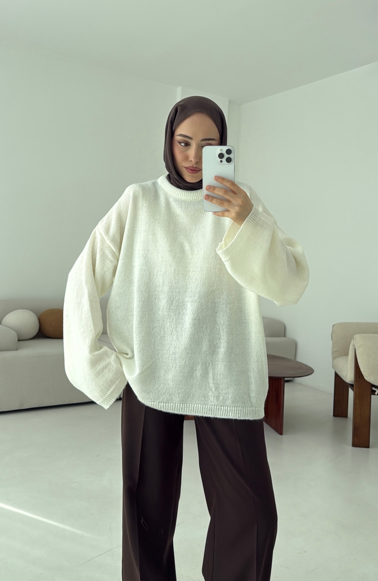 Geniş Kol Basıc Kazak Krem