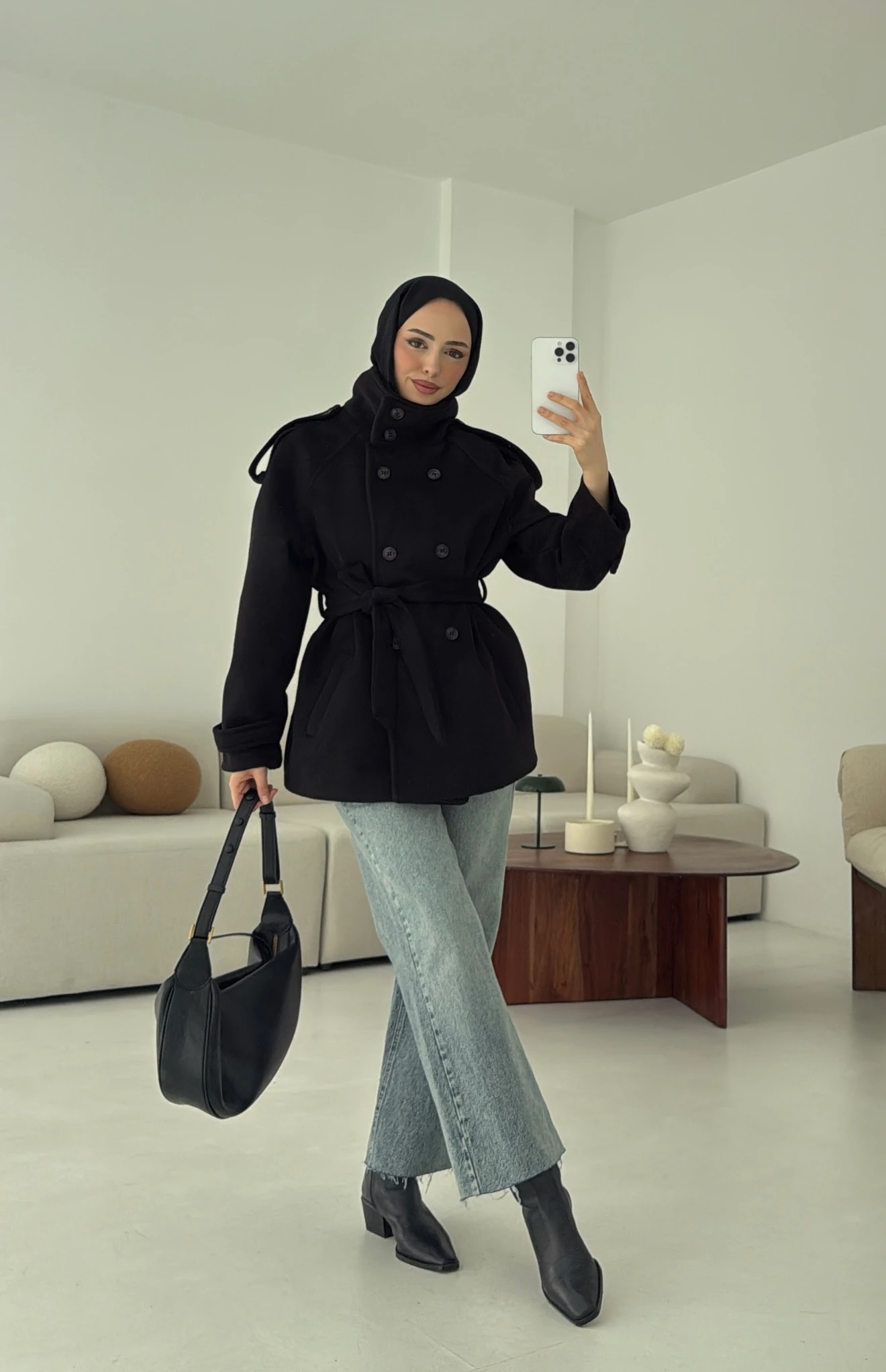 Kuşaklı Oversize Kaşe Kaban Siyah