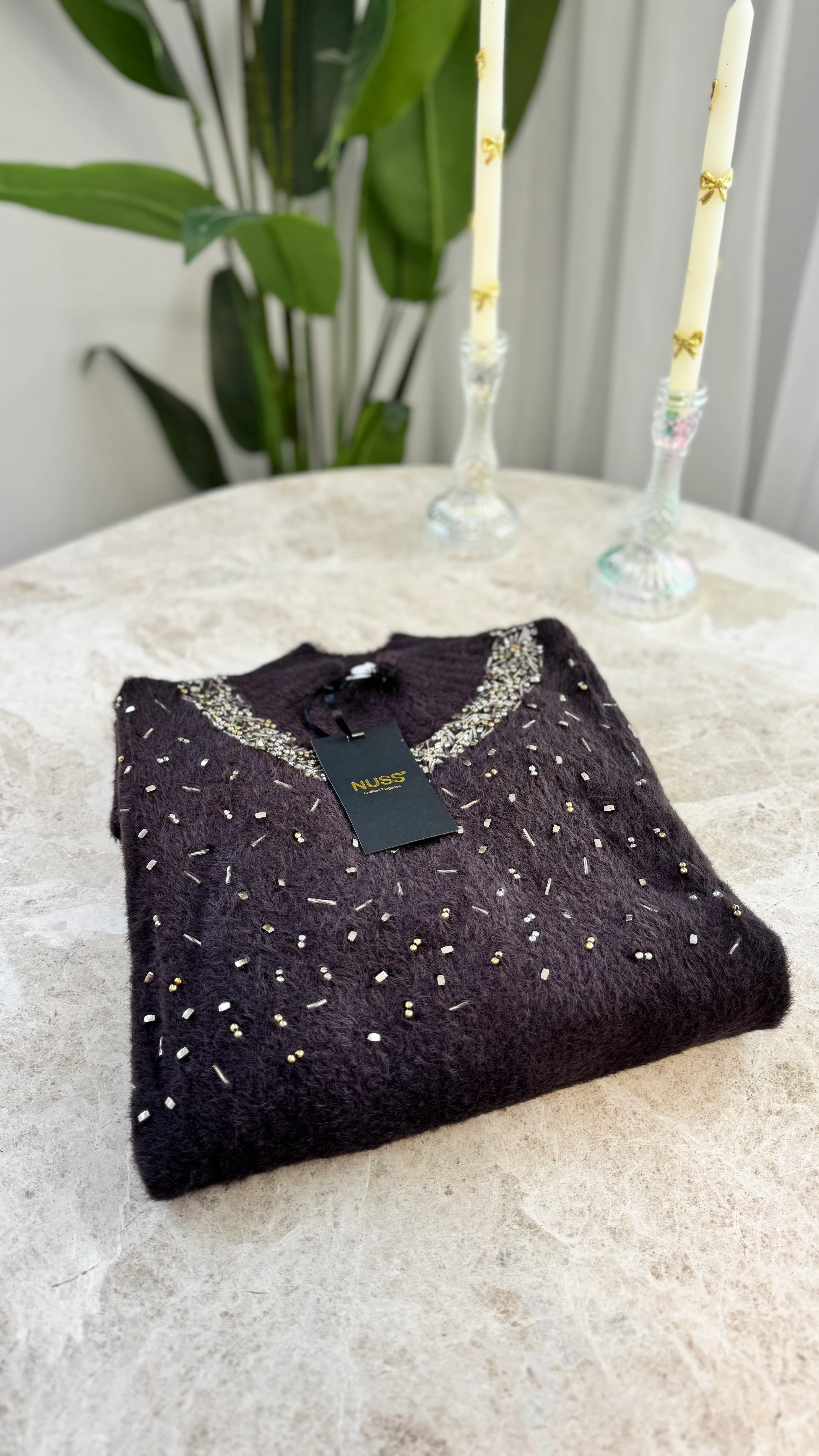 Nuss Serpme Taşlı Angora Kazak