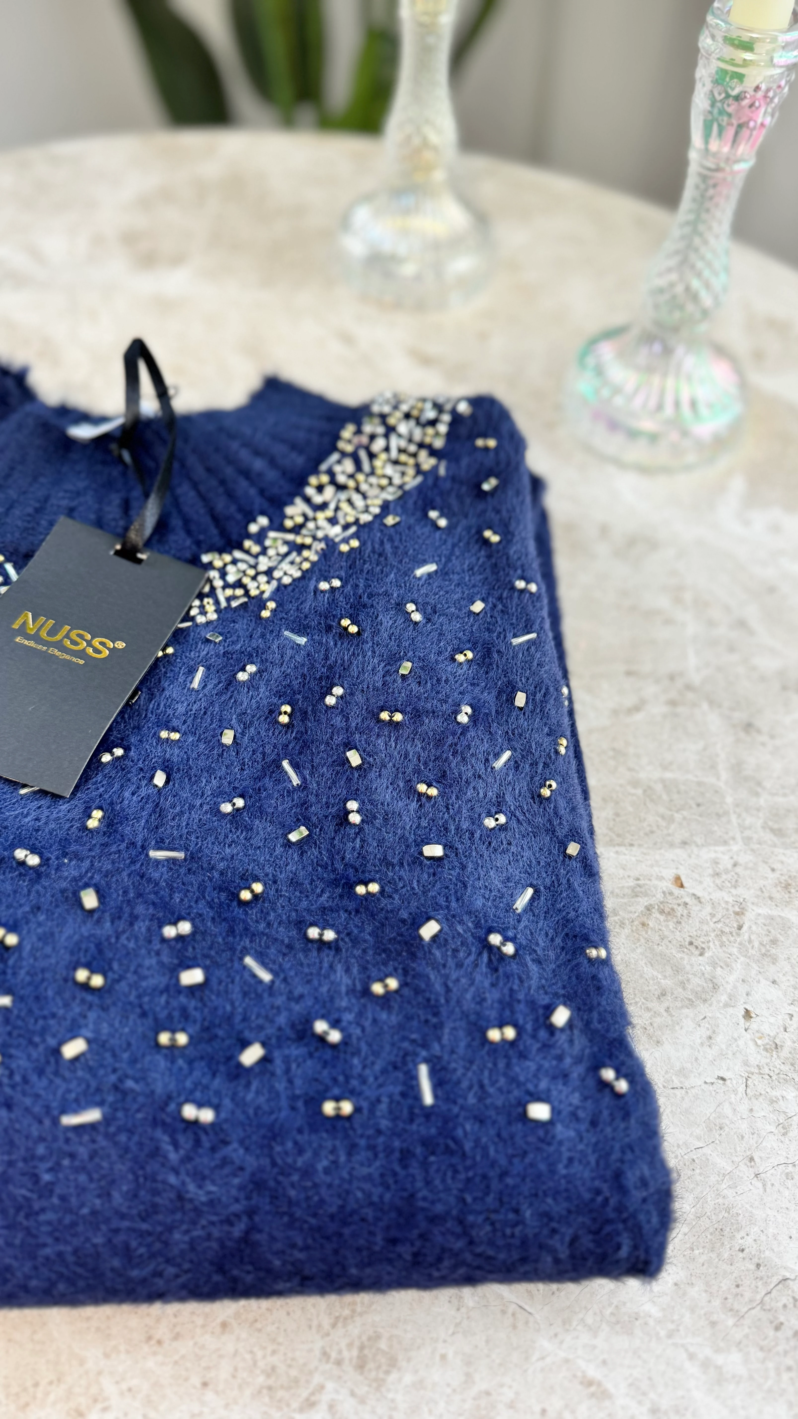 Nuss Serpme Taşlı Angora Kazak