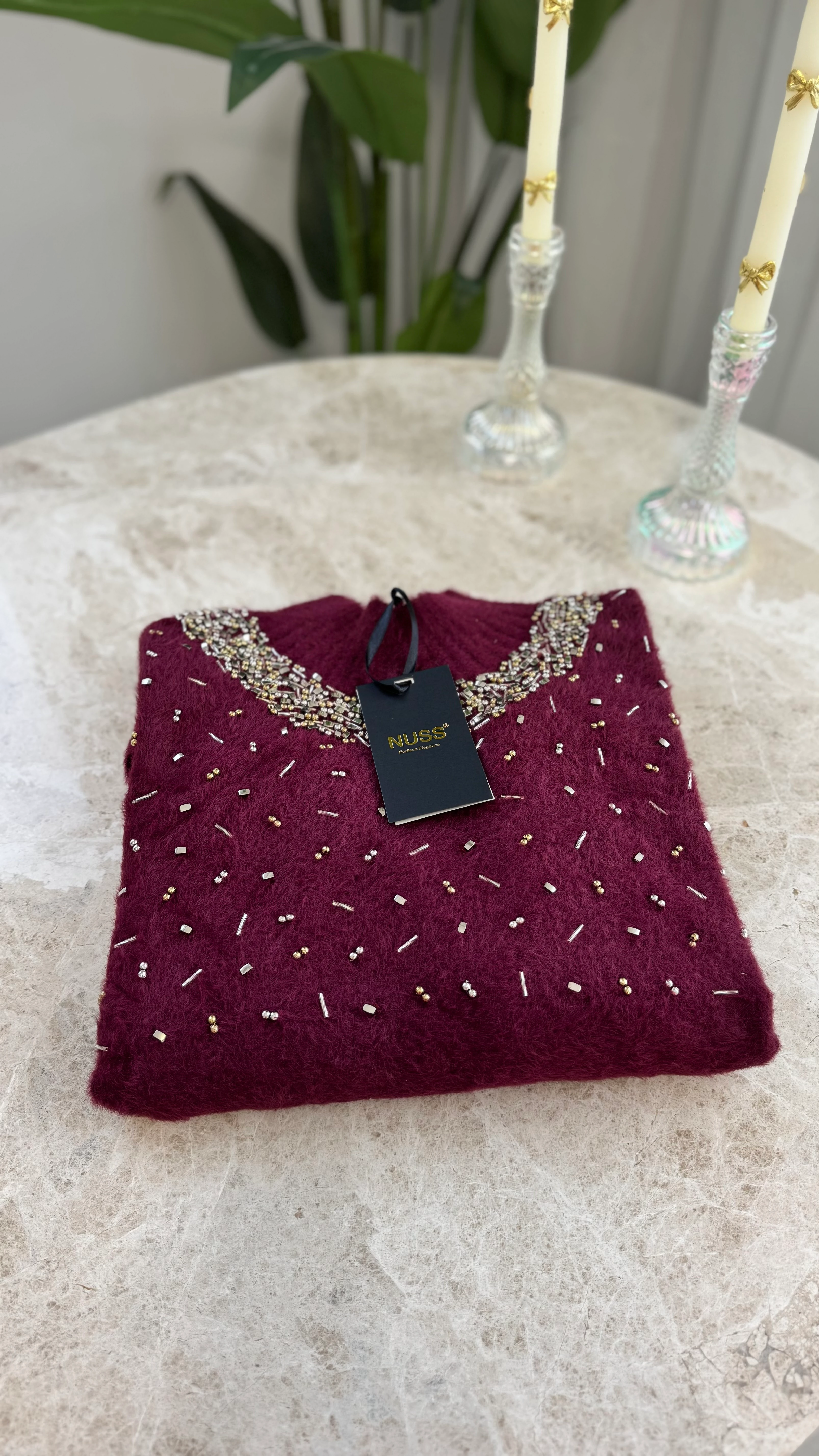 Nuss Serpme Taşlı Angora Kazak