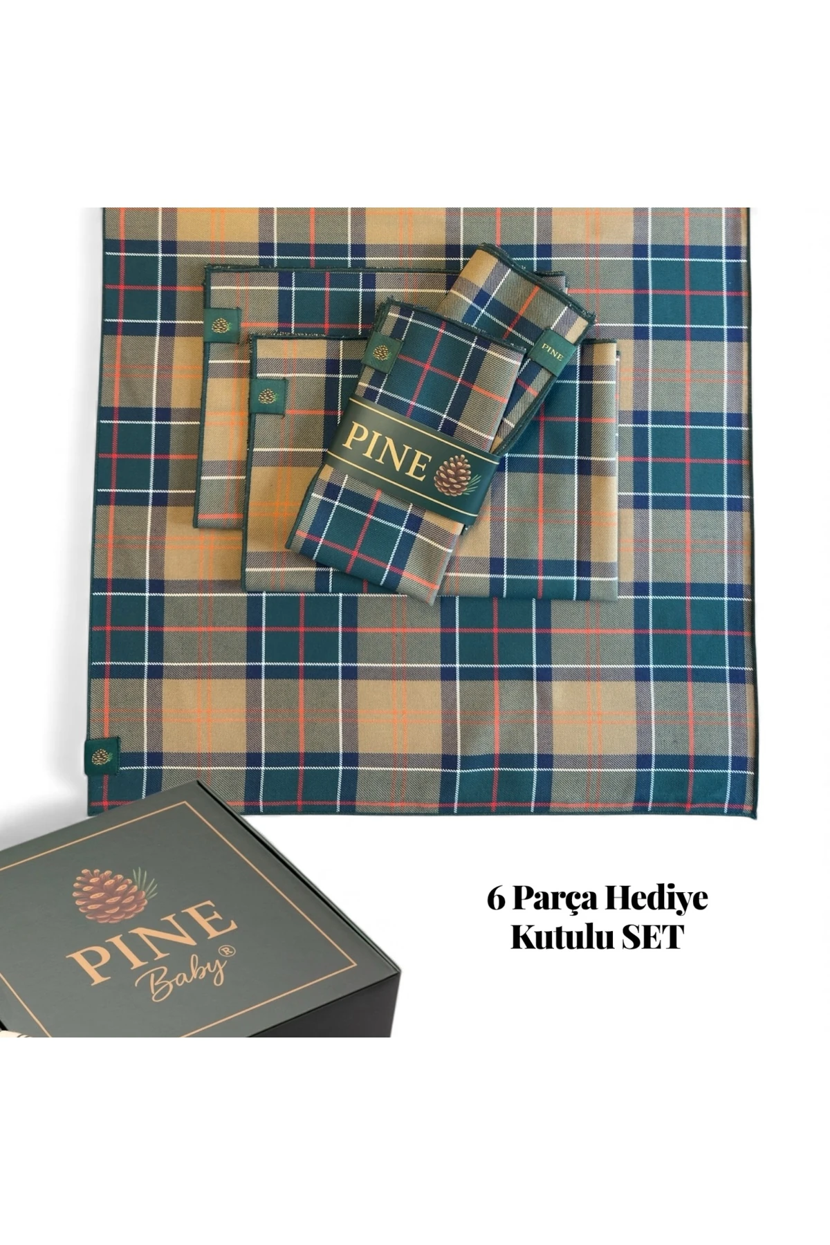 Baby Home Ekose Desenli Runner ve Amerikan Servis Yılbaşı Davet Hediye Kutulu SET